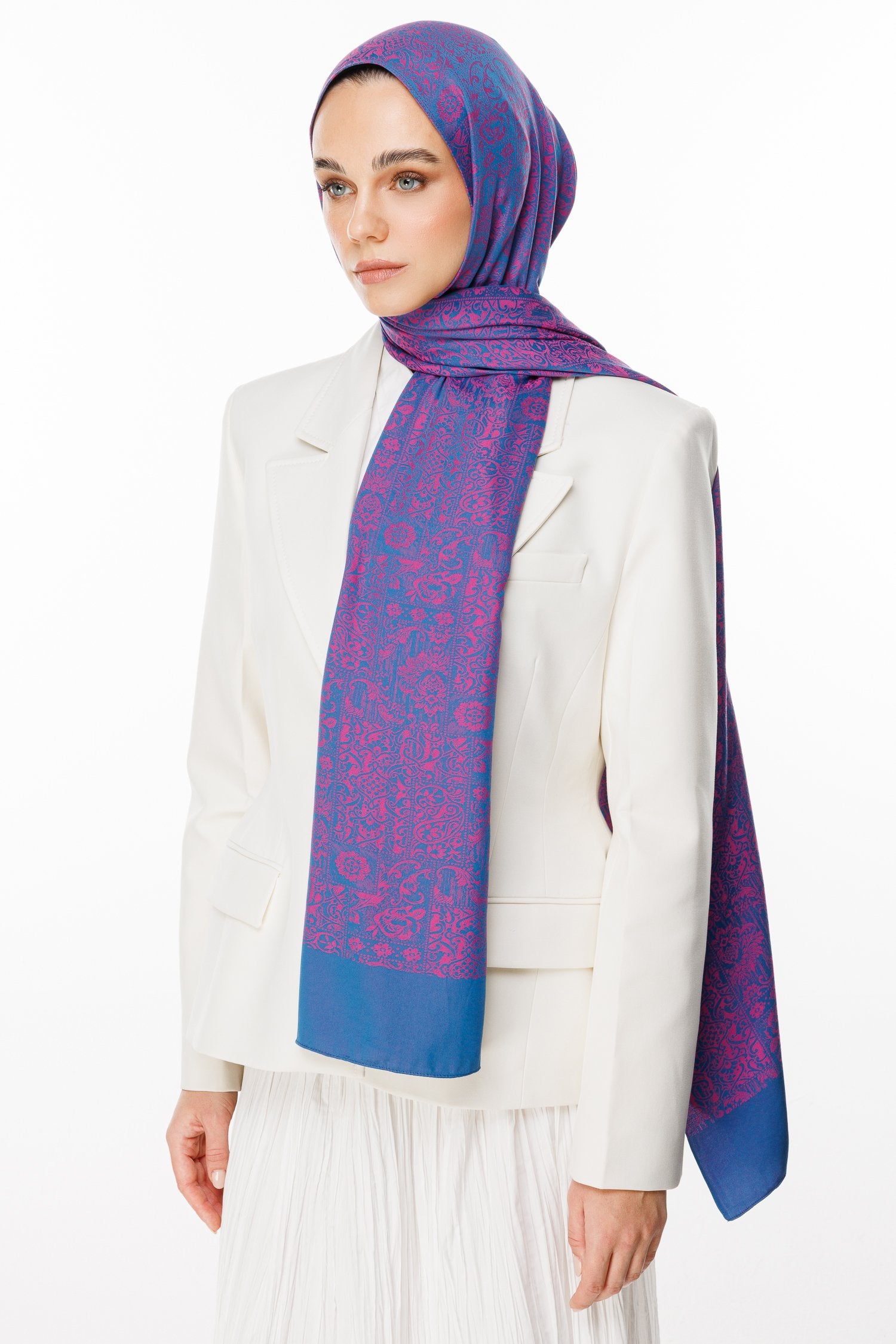 Petrol Blue-Fuchsia Henna Pattern Double-Sided Shawl