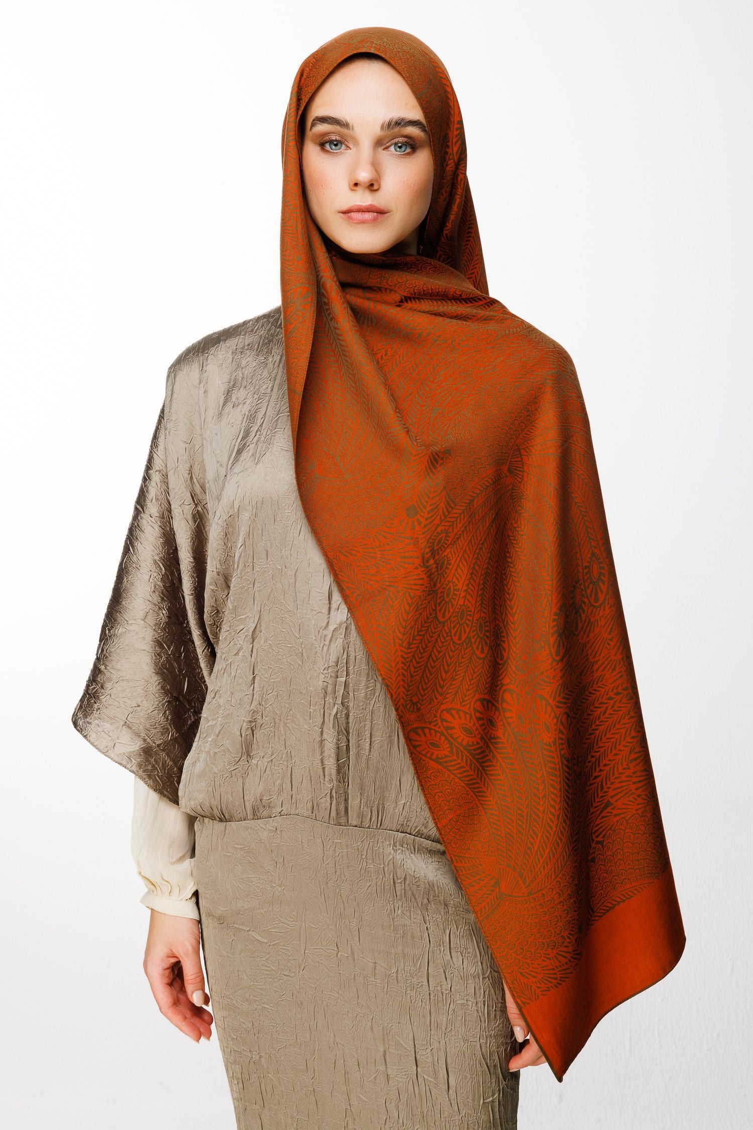 Dark Khaki-Cinnamon Mayra Pattern Double-Sided Shawl