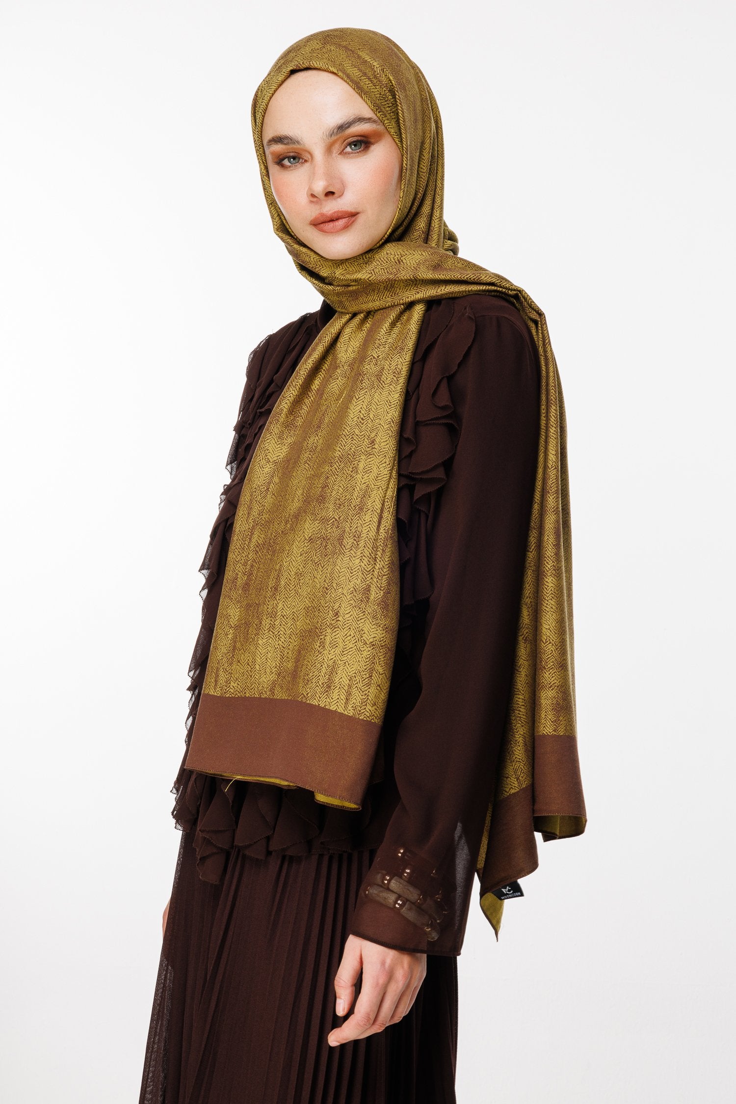 Bitter Brown-Mustard Sahra Pattern Double-Sided Shawl