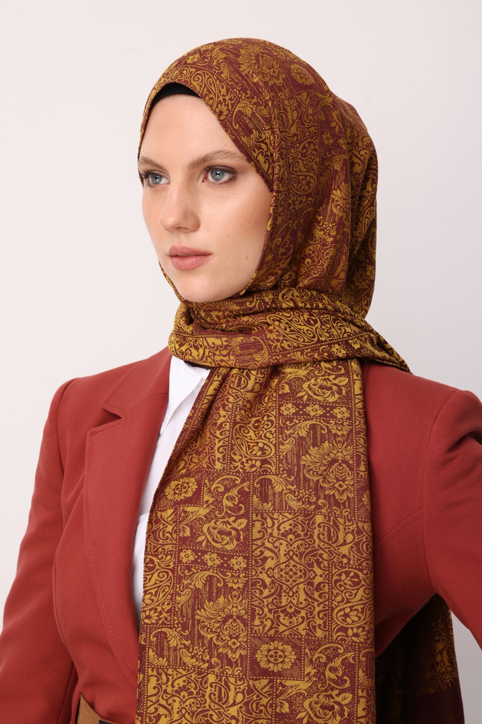 Plum-Yellow Henna Pattern Double-Sided Shawl