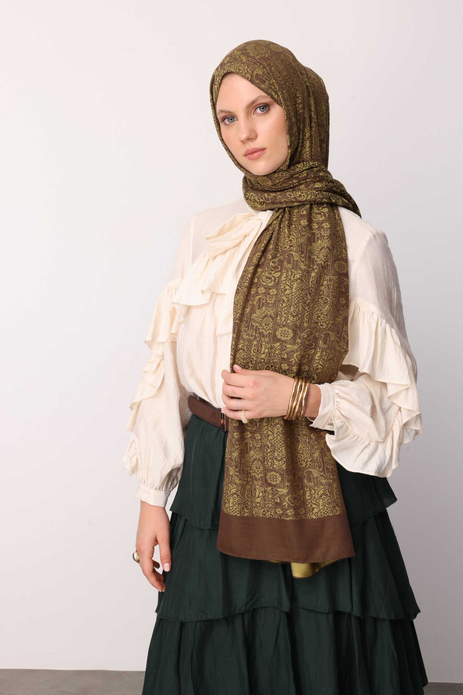 Bitter Brown-Salmon Henna Pattern Double-Sided Shawl