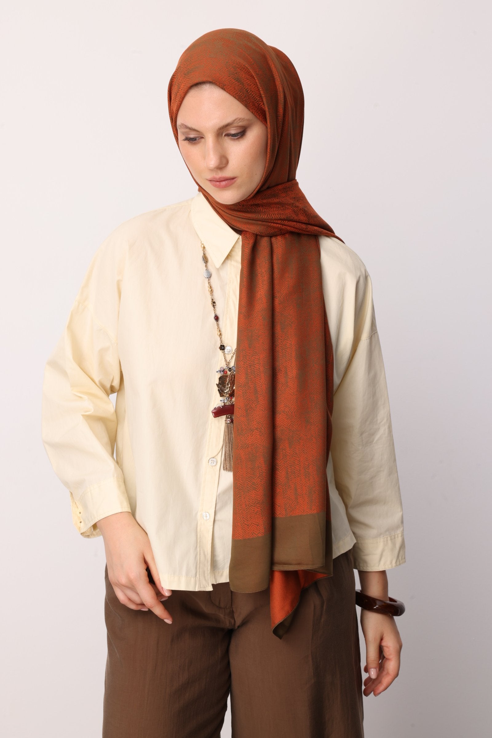 Dark Khaki-Cinnamon Sahra Pattern Double-Sided Shawl