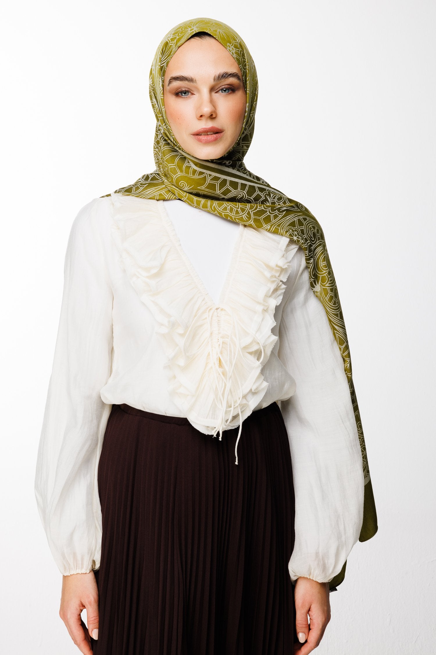 Oil Green-Ecru Lavin Pattern Double-Sided Shawl