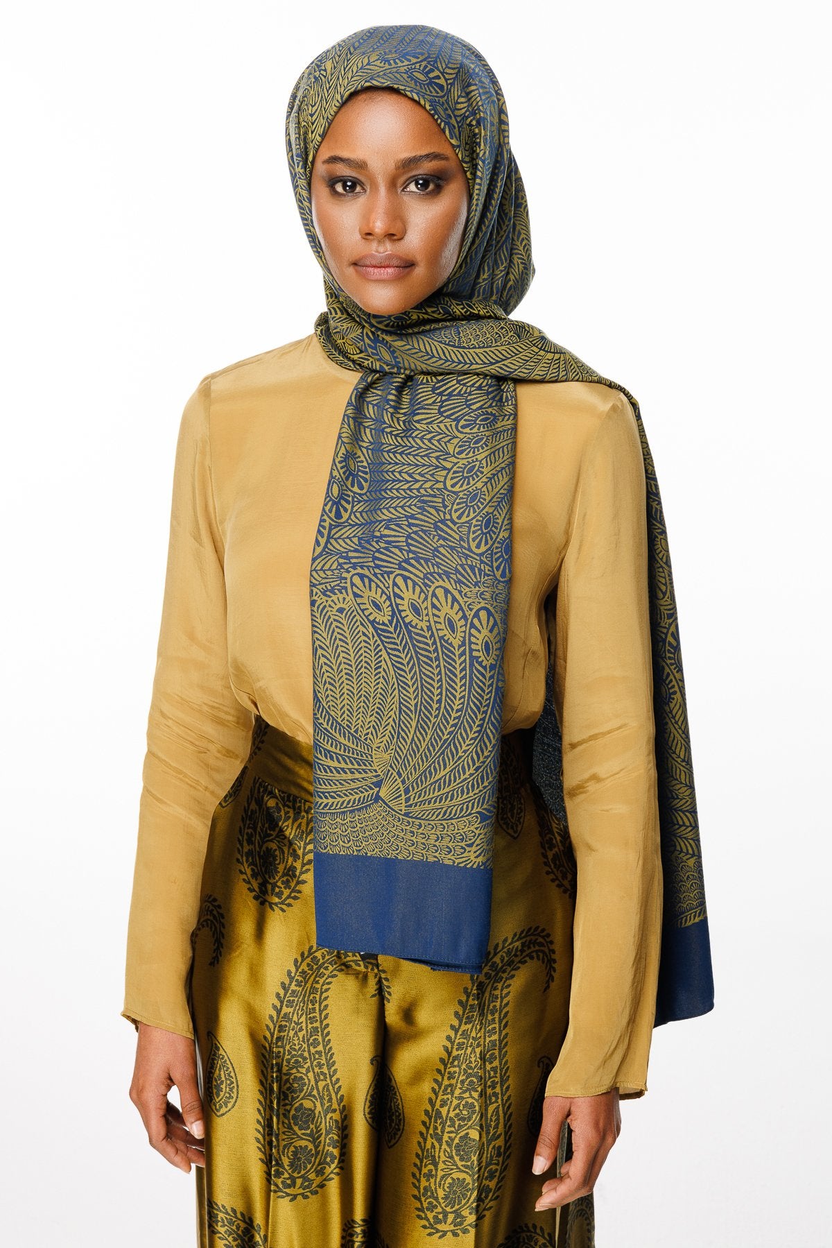 Navy Blue-Oil Green Mayra Pattern Double-Sided Shawl