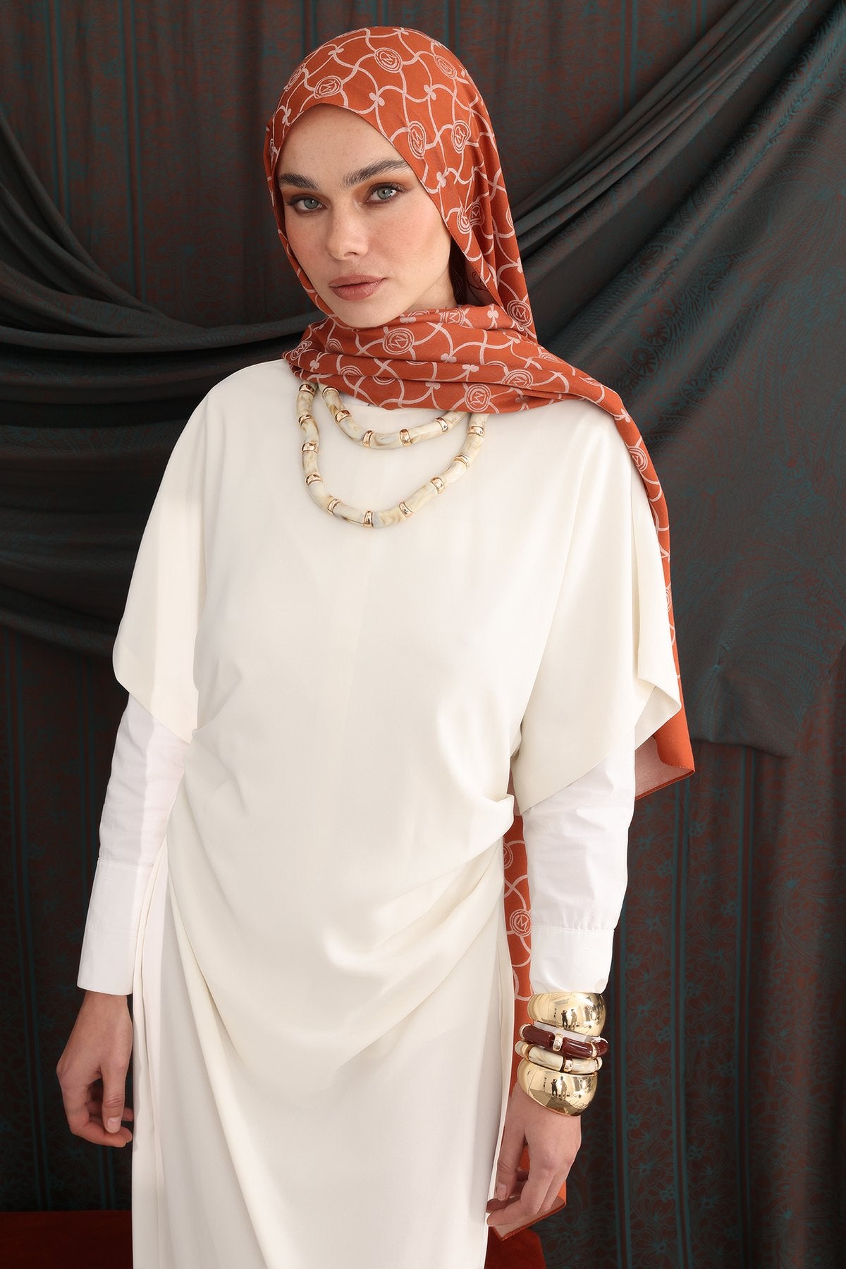 Cinnamon-Beige Marrakech Pattern Double-Sided Shawl