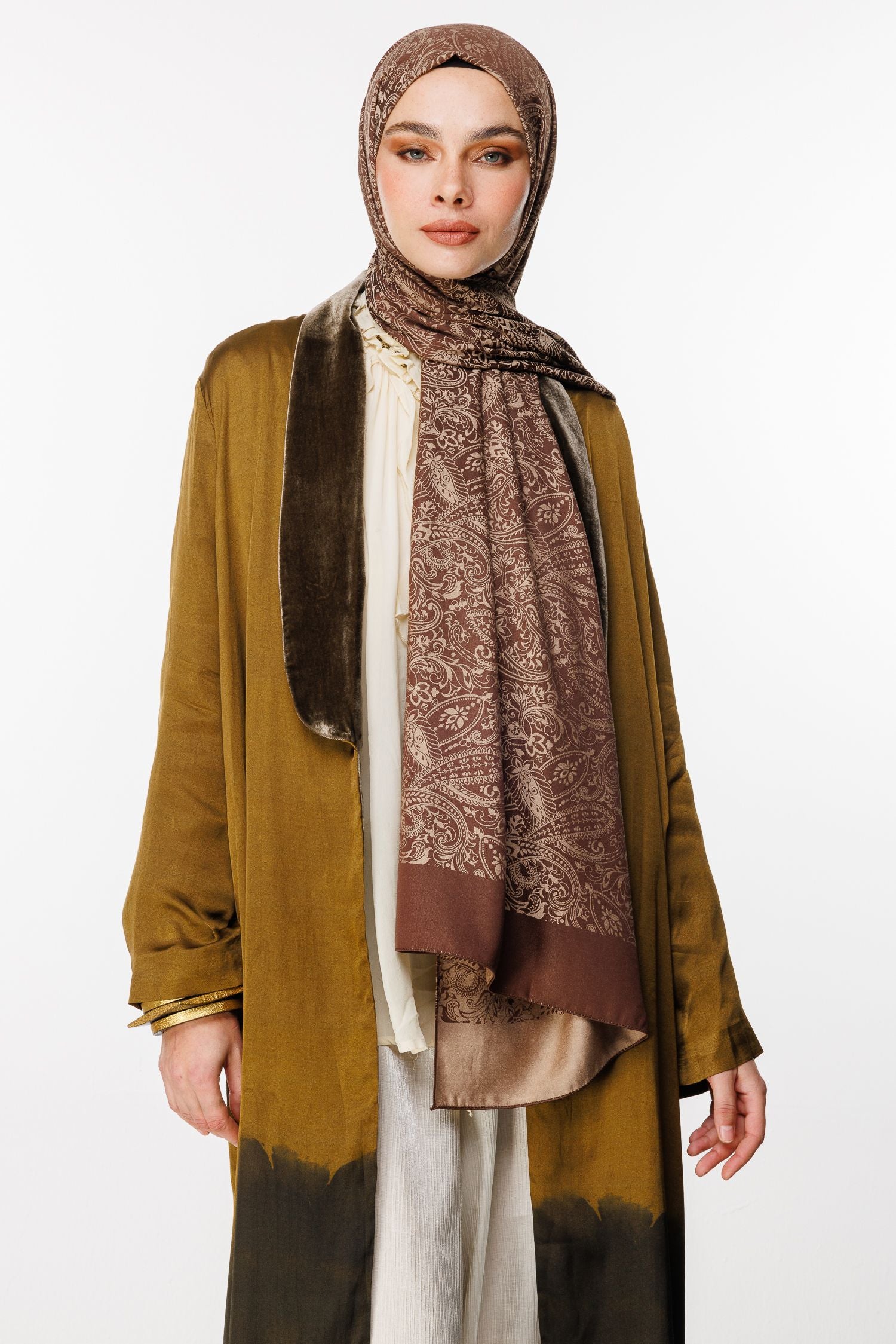 Bitter Brown-Beige Velora Pattern Double-Sided Shawl