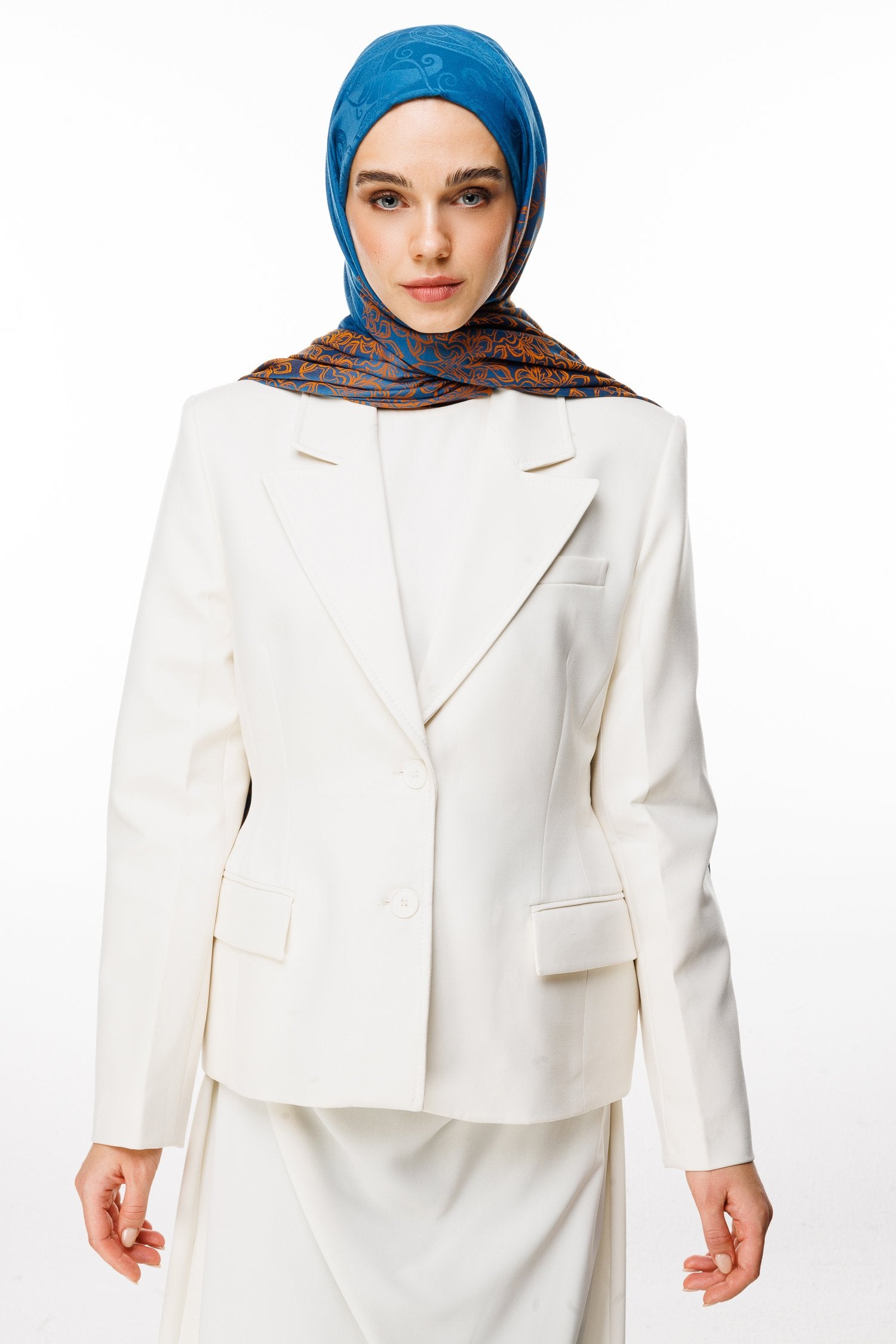 Petrol Blue-Orange Nora Pattern Double-Sided Shawl