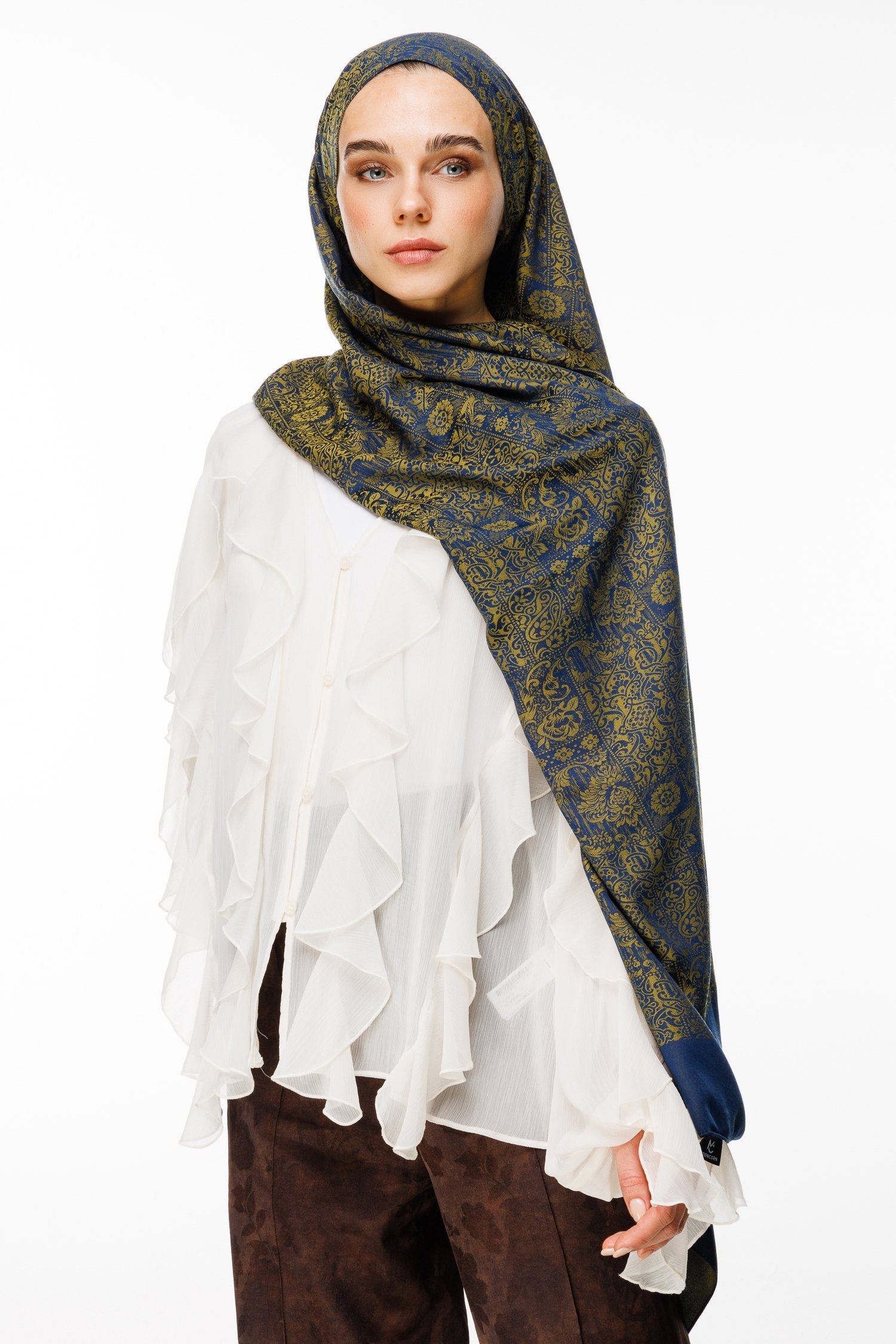 Navy Blue-Oil Green Henna Pattern Double-Sided Shawl
