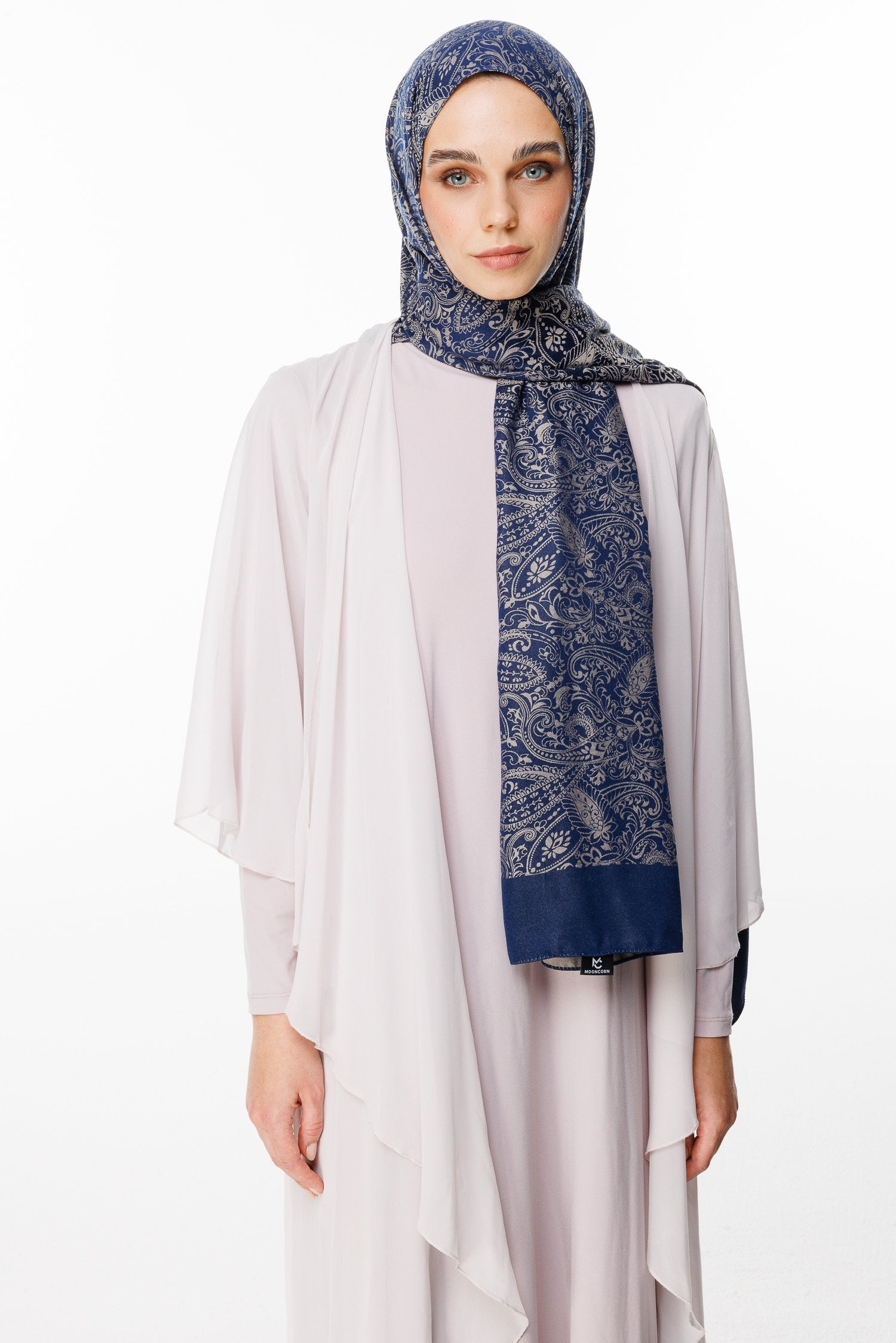 Navy Blue-Beige Velora Pattern Double-Sided Shawl