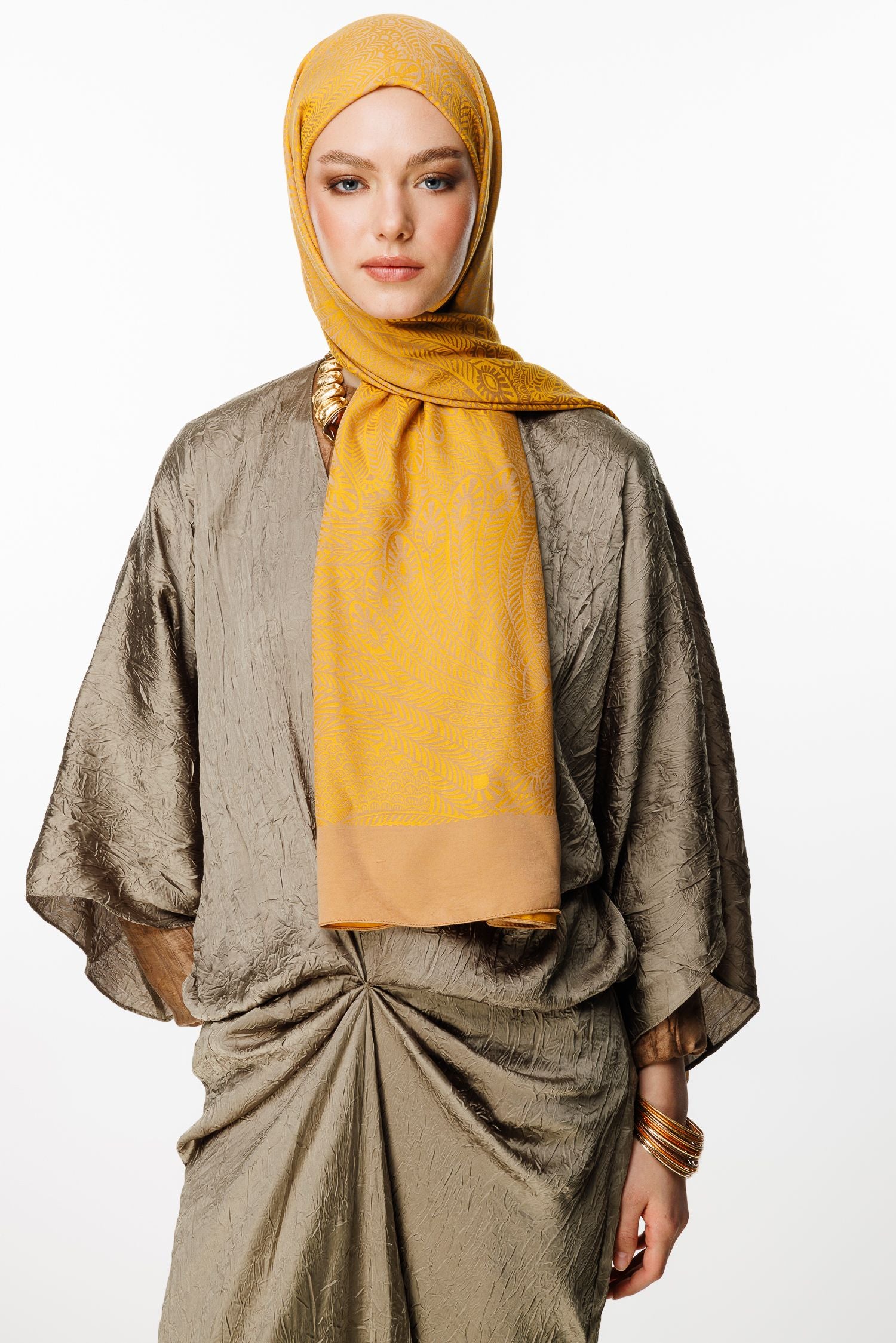Mink-Mustard Mayra Pattern Double-Sided Shawl