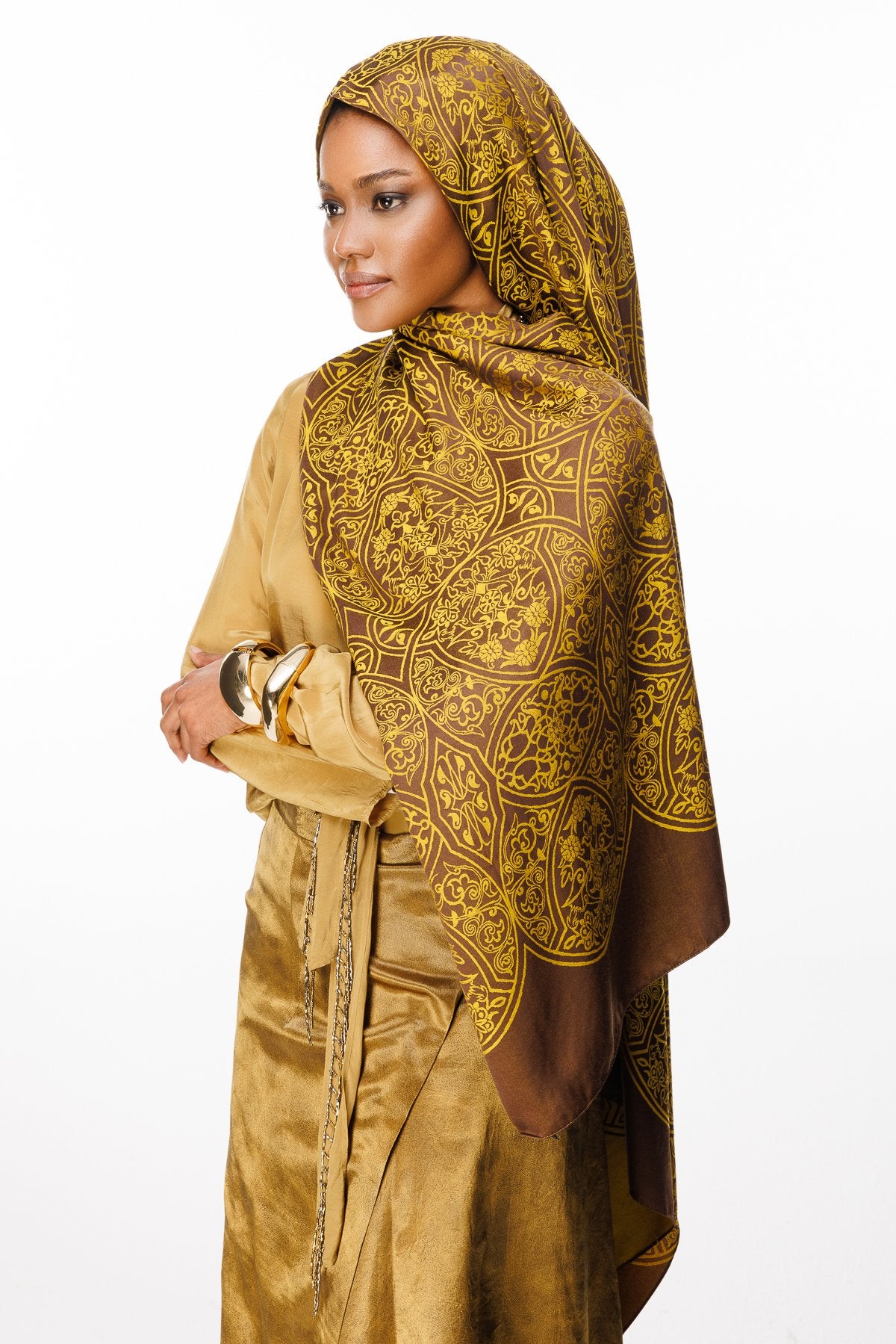 Bitter Brown-Mustard Morocco Pattern Double-Sided Shawl