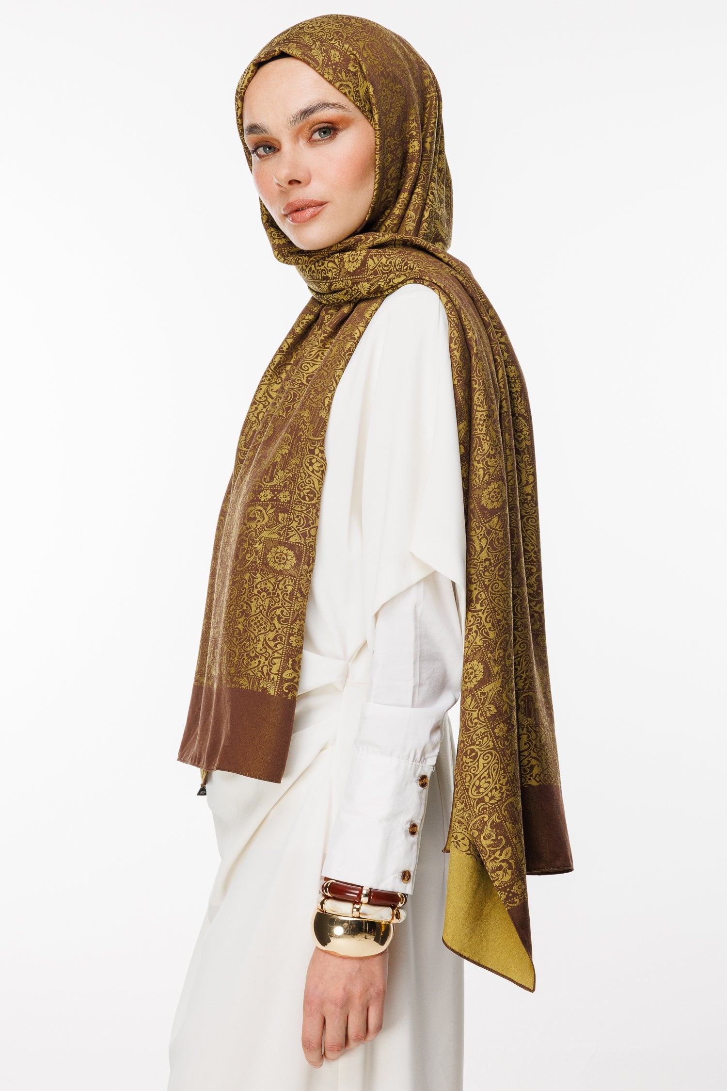 Bitter Brown-Mustard Henna Pattern Double-Sided Shawl