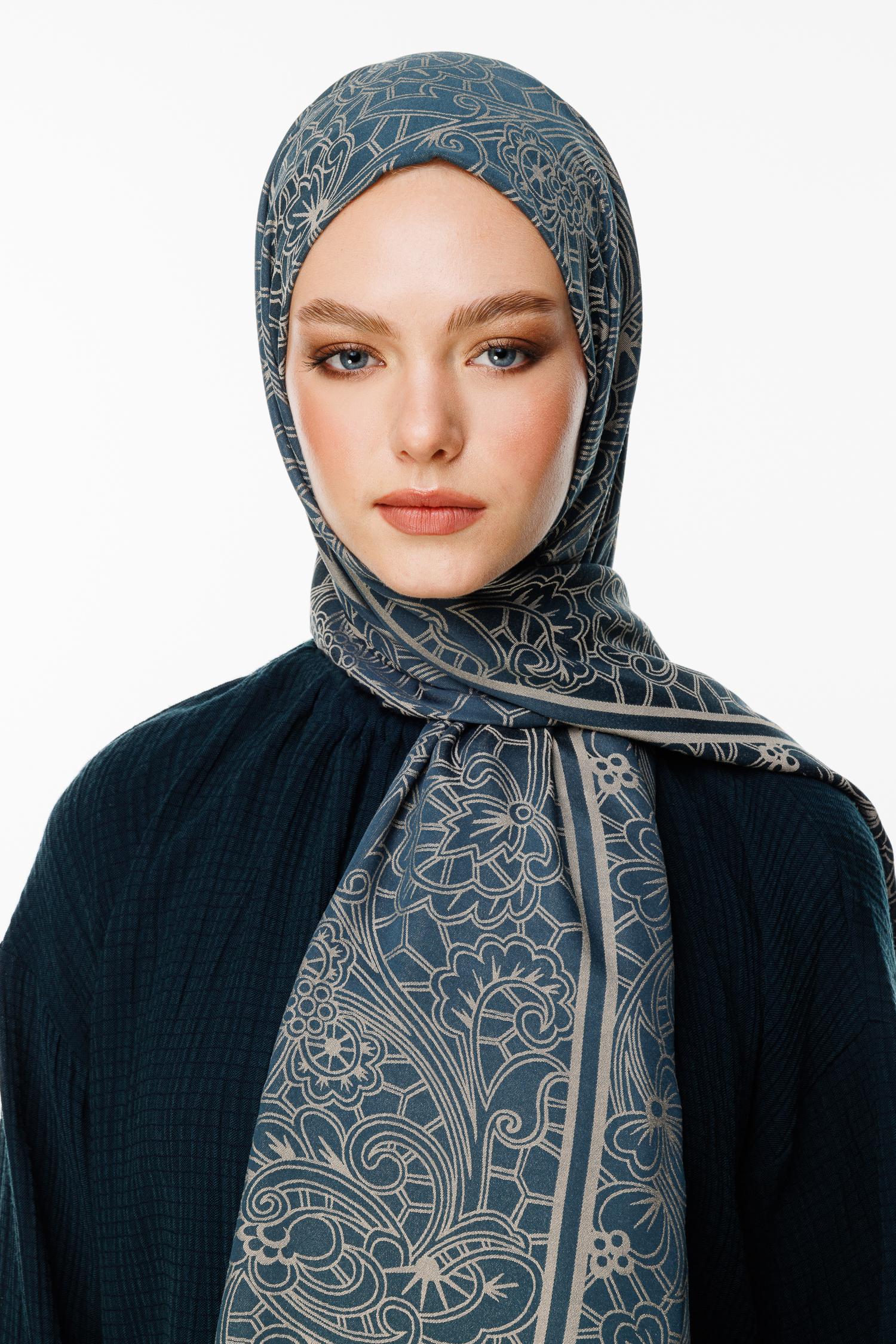Petrol Blue-Beige Lavin Pattern Double-Sided Shawl