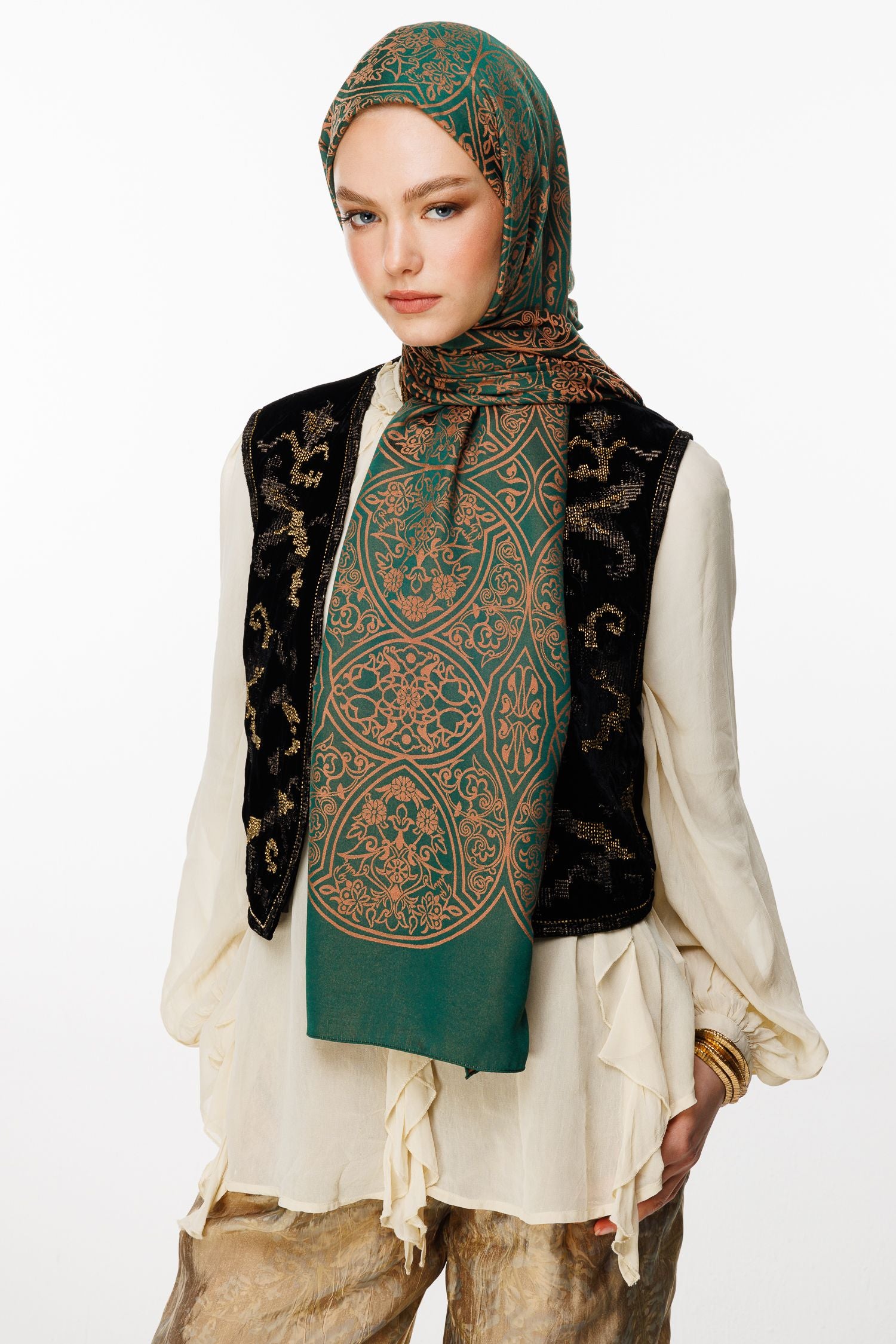 Emerald-Apricot Morocco Pattern Double-Sided Shawl