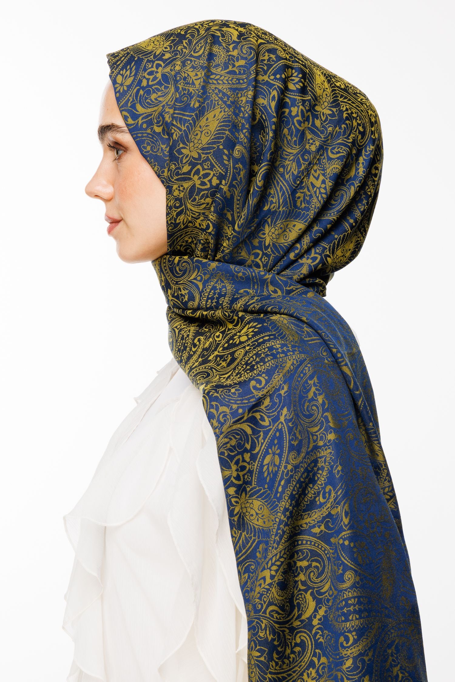 Navy Blue-Oil Green Velora Pattern Double-Sided Shawl