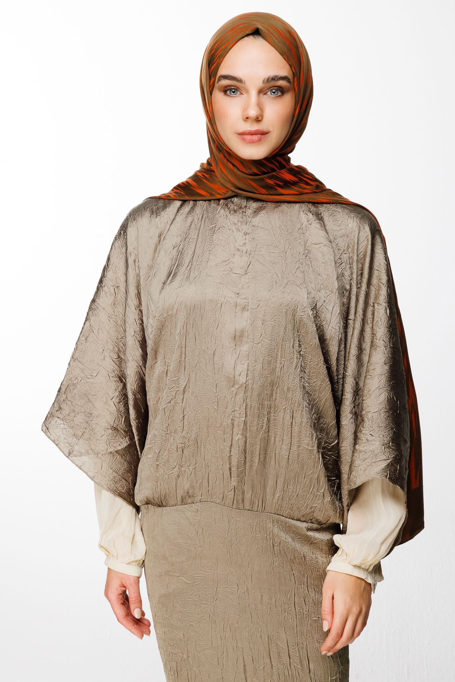 Dark Khaki-Cinnamon Selis Pattern Double-Sided Shawl