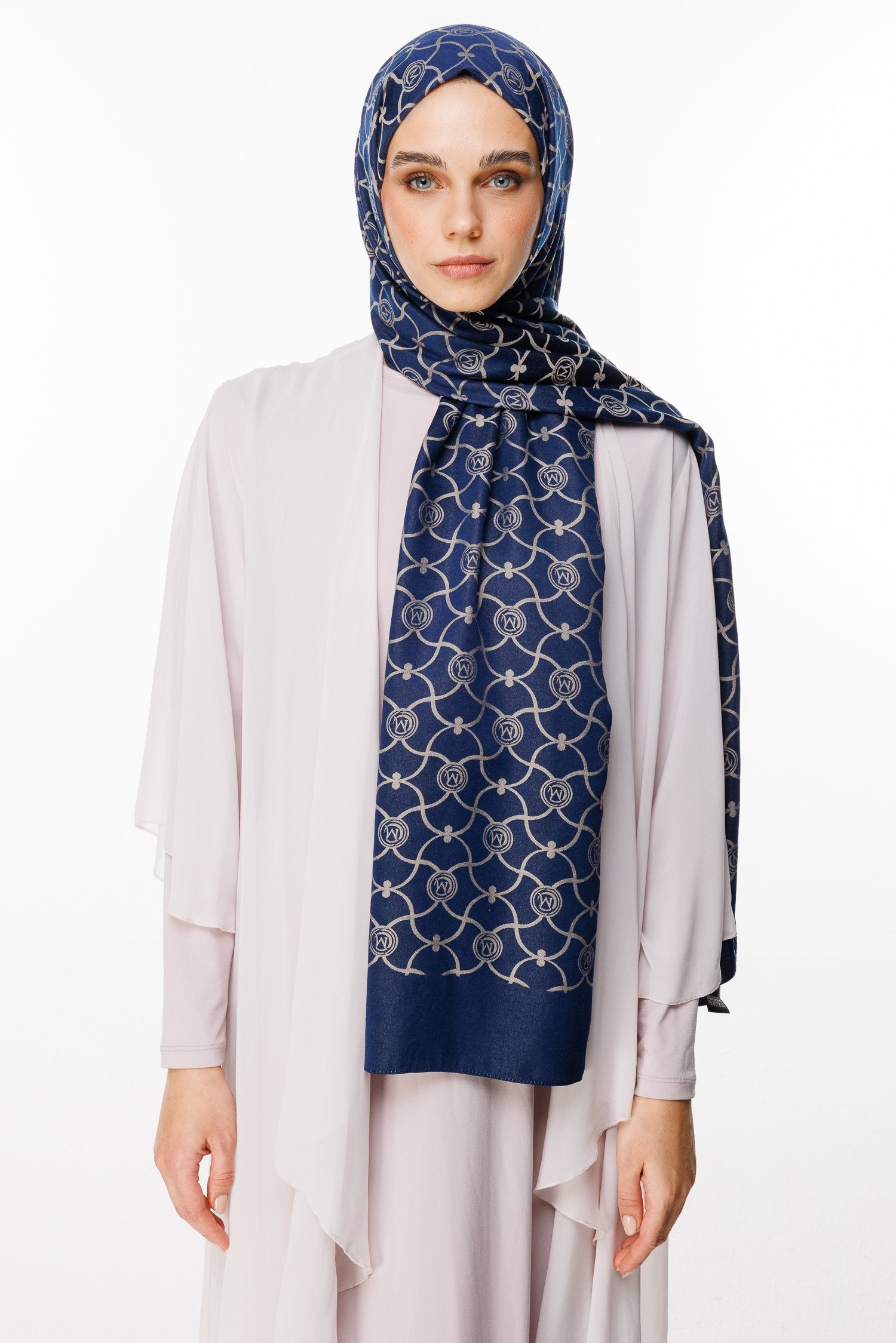 Navy Blue-Beige Marrakech Pattern Double-Sided Shawl