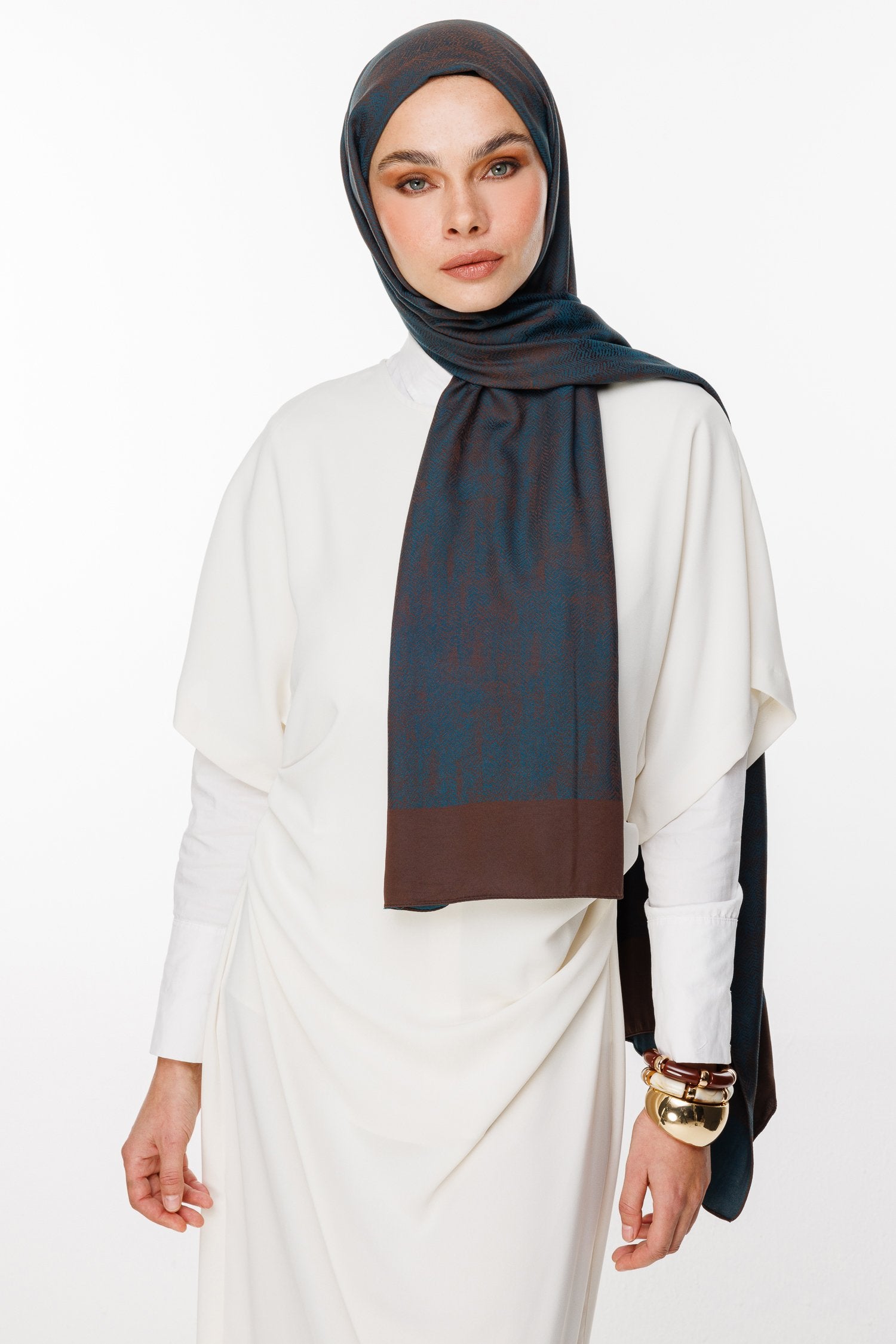 Bitter Brown-Petrol Blue Sahra Pattern Double-Sided Shawl