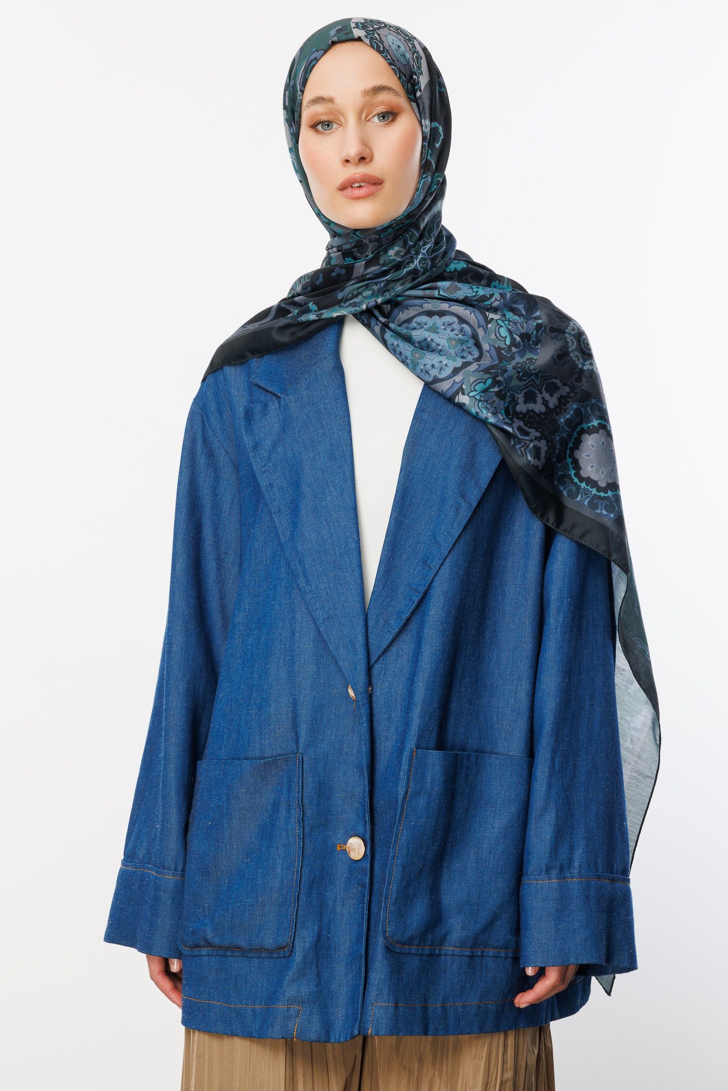 Navy Blue Solhar Pattern Cotton Shawl
