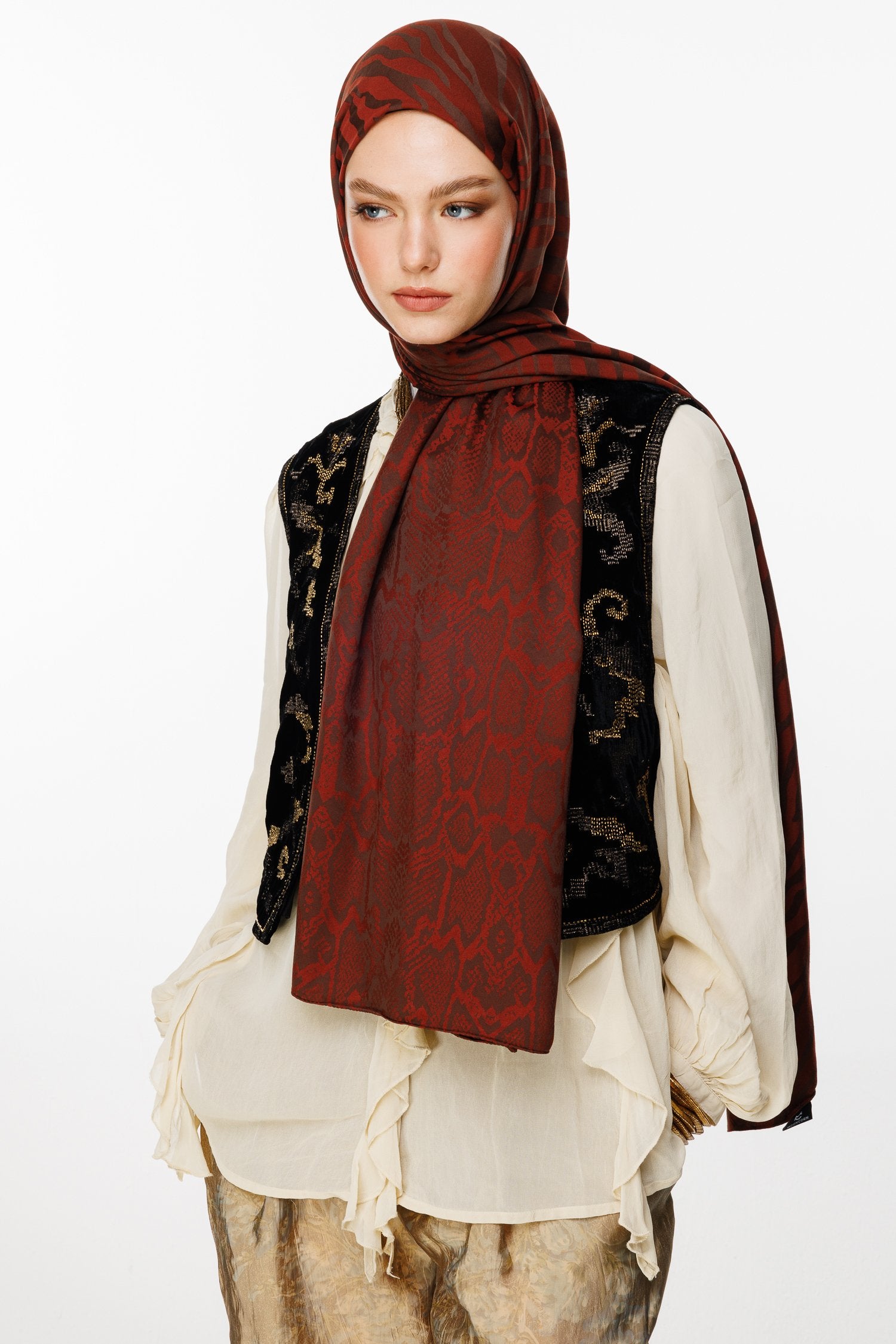 Bitter Brown-Coffee Riad Pattern Double-Sided Shawl