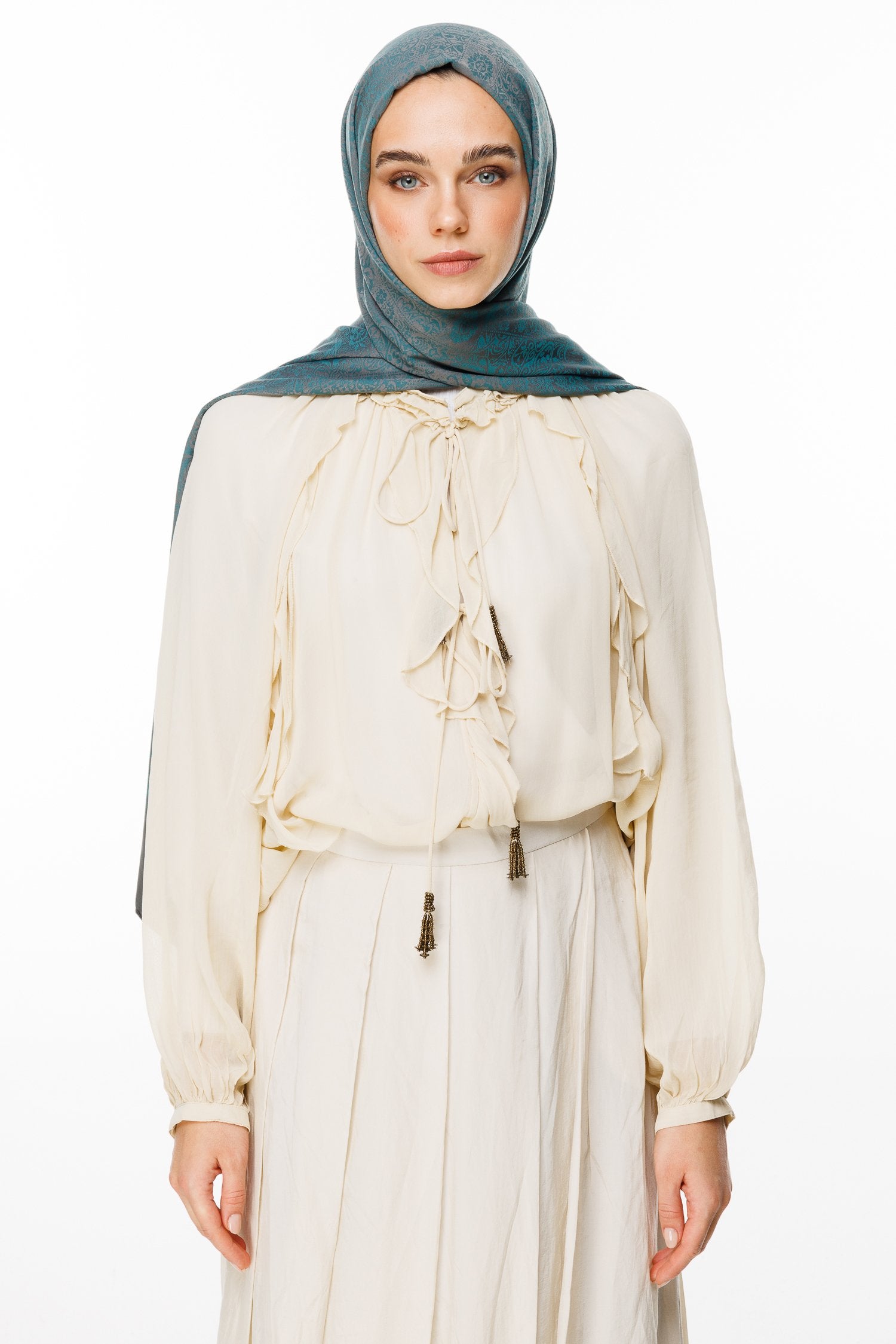 Dark Gray-Emerald Henna Pattern Double-Sided Shawl