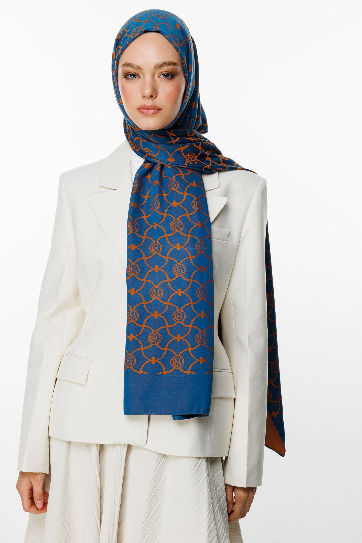 Petrol Blue-Orange Marrakech Pattern Double-Sided Shawl