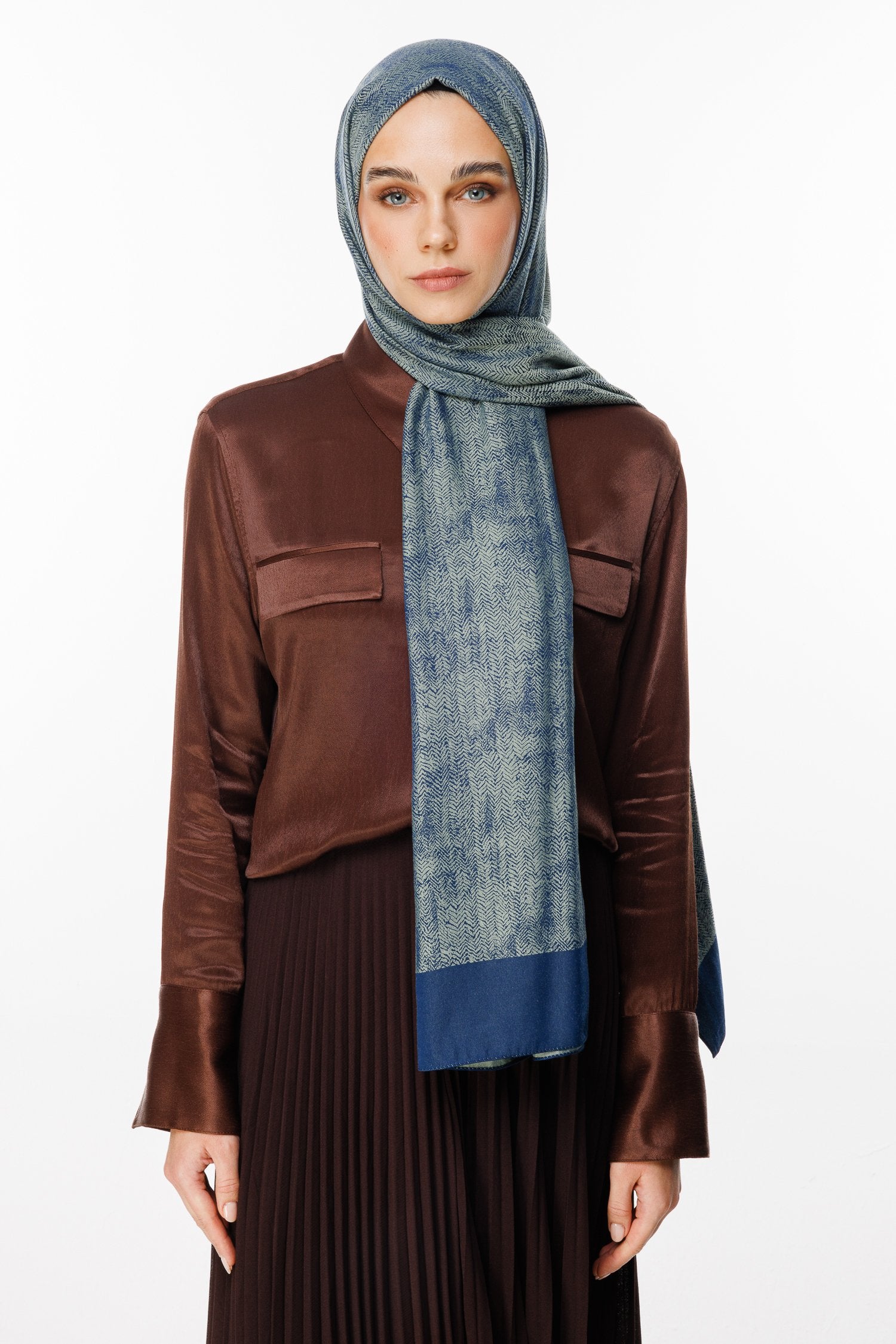 Navy Blue-Aqua Green Sahra Pattern Double-Sided Shawl