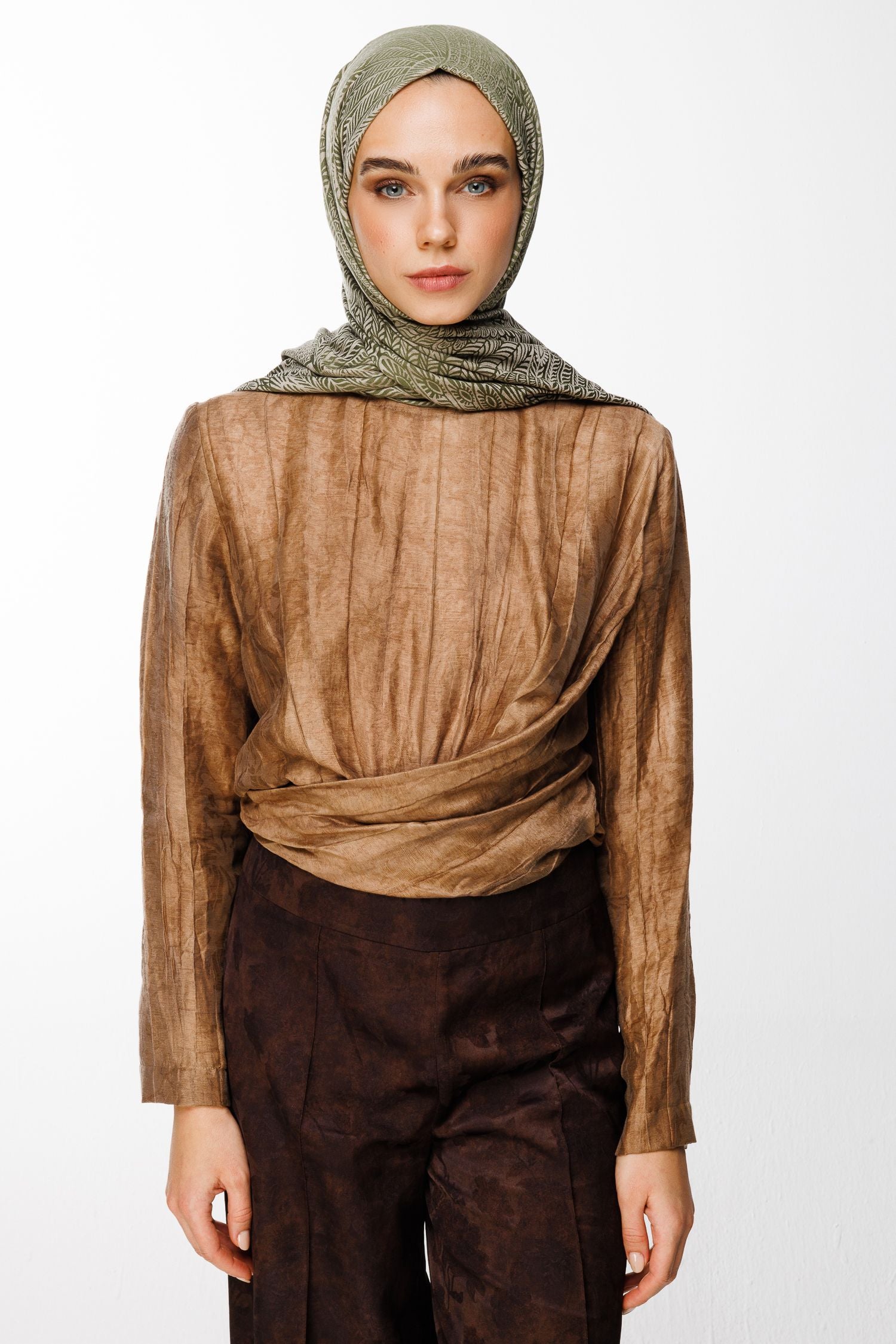 Khaki-Salmon Mayra Pattern Double-Sided Shawl