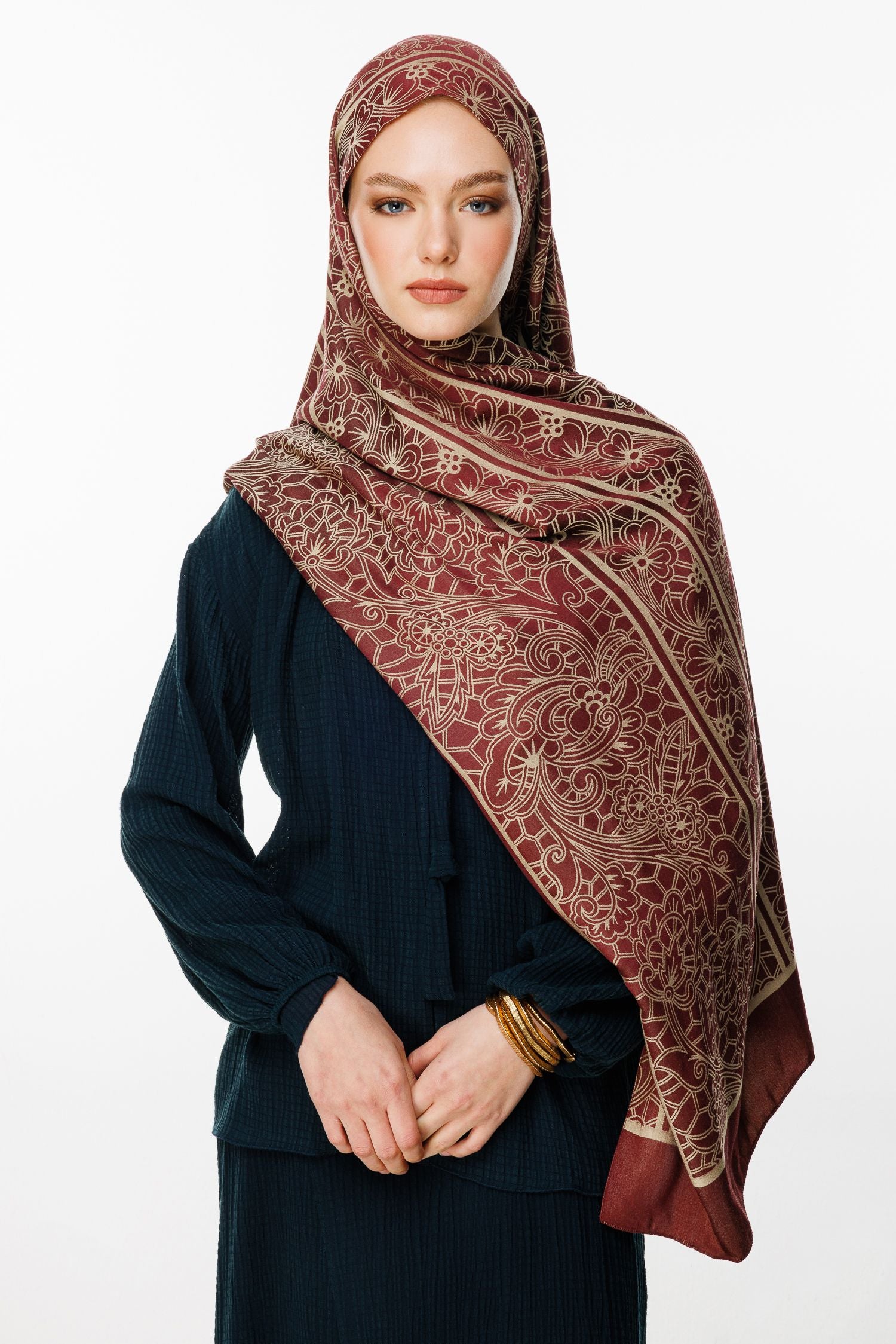 Plum-Salmon Lavin Pattern Double-Sided Shawl