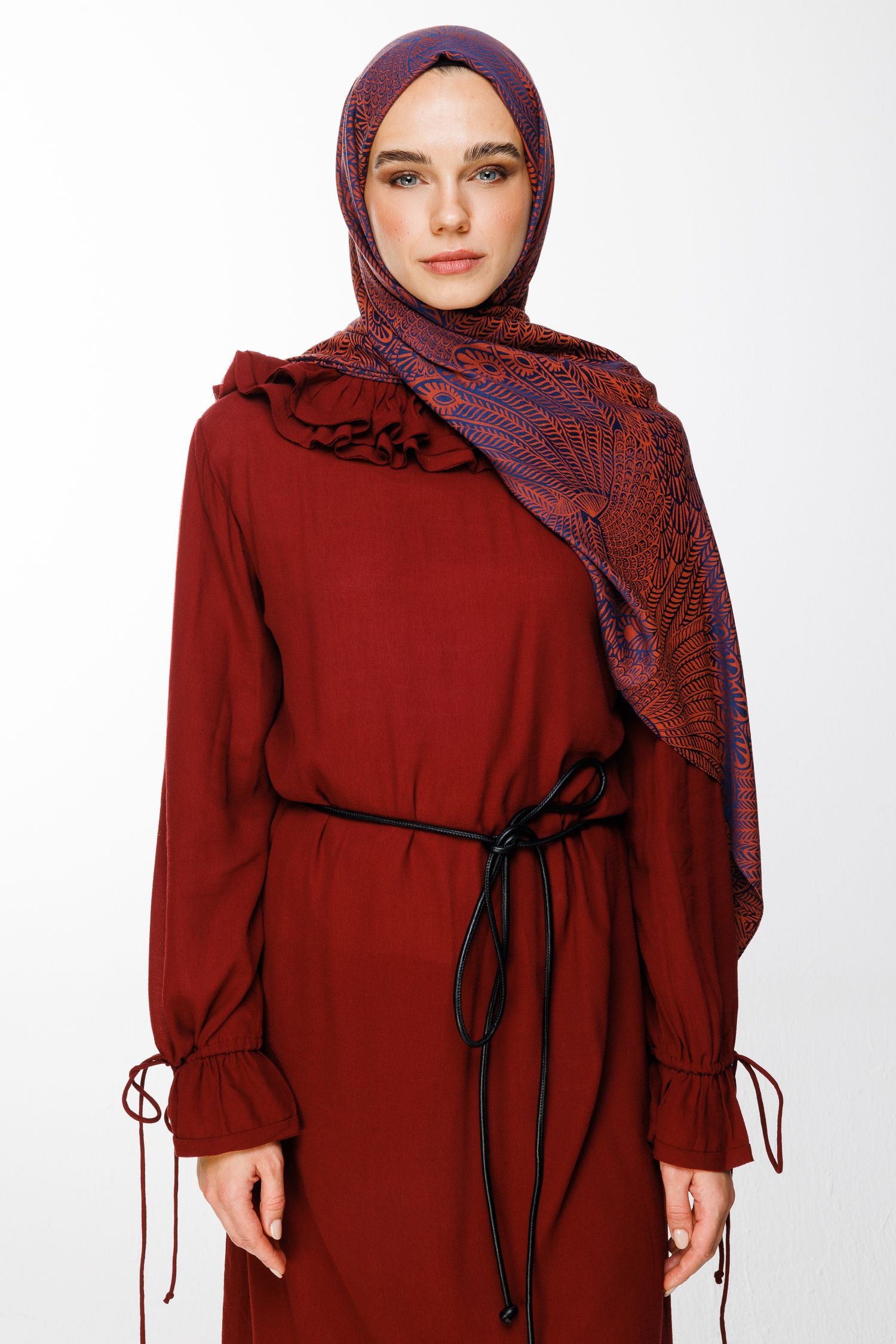 Navy Blue-Onion Skin Mayra Pattern Double-Sided Shawl