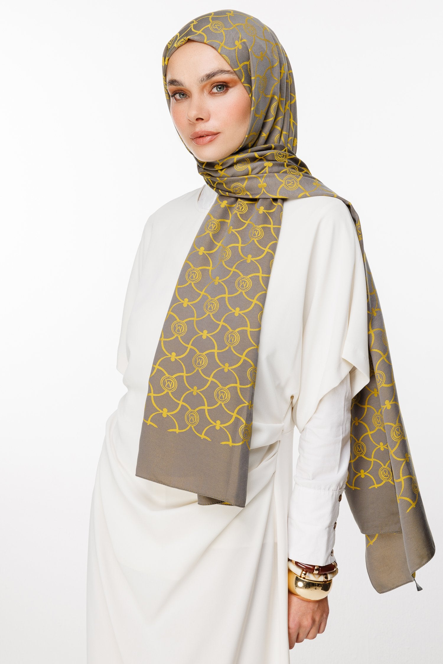 Dark Gray-Mustard Marrakech Pattern Double-Sided Shawl