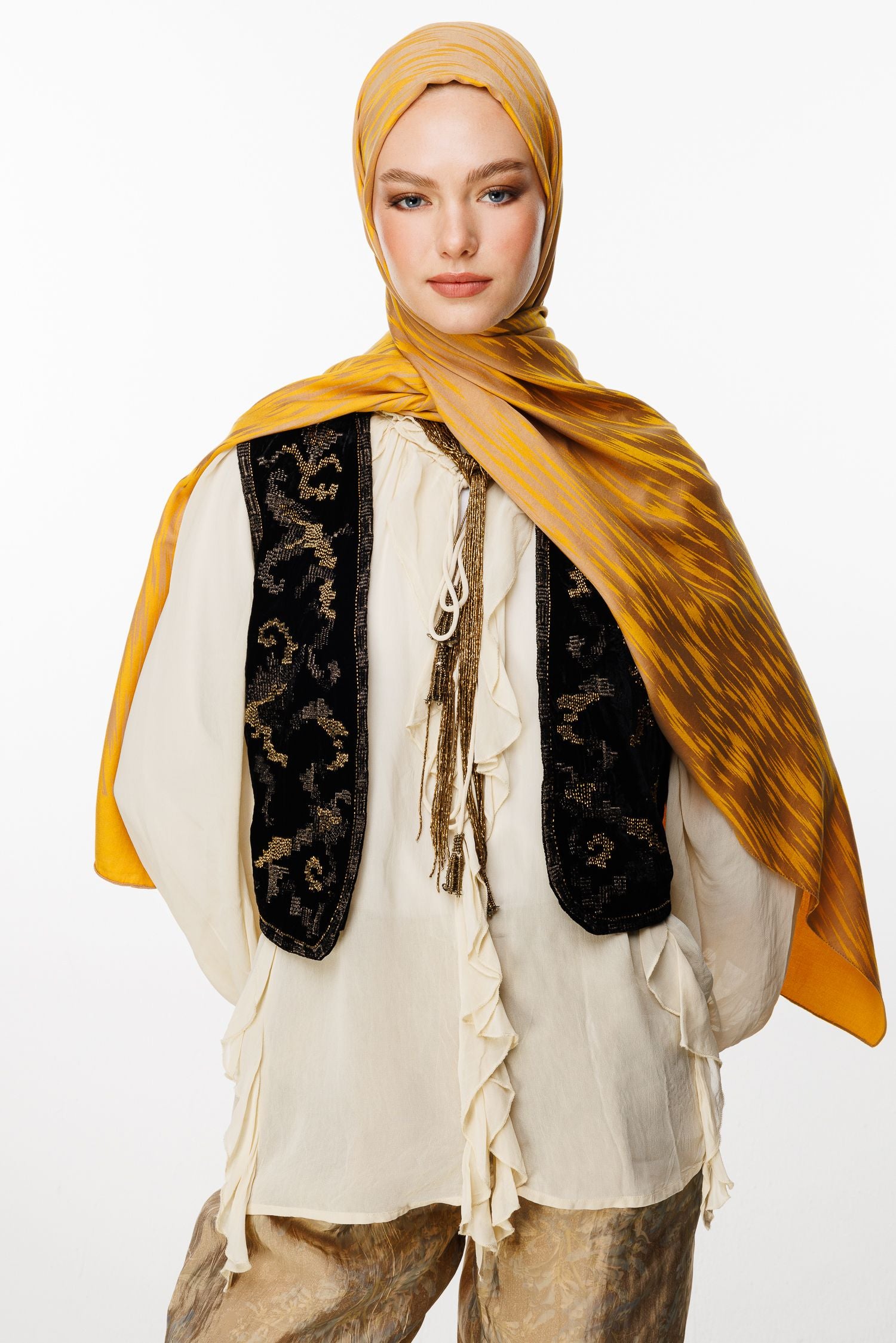 Mink-Mustard Selis Pattern Double-Sided Shawl
