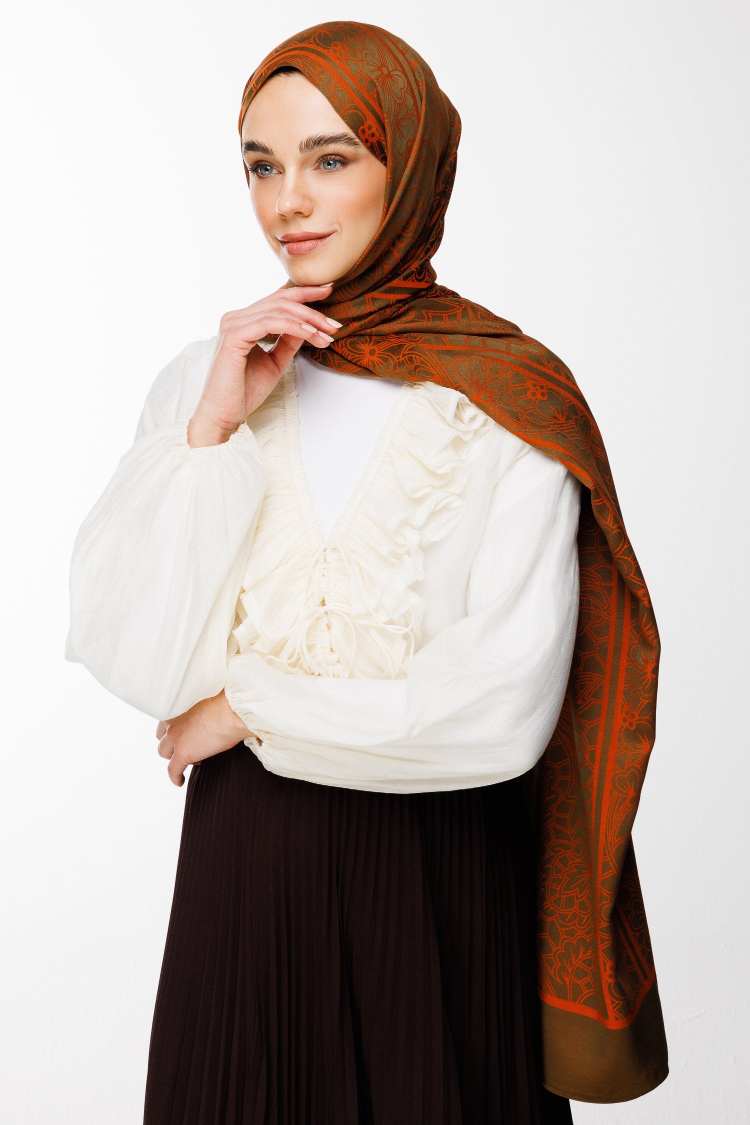 Dark Khaki-Cinnamon Lavin Pattern Double-Sided Shawl