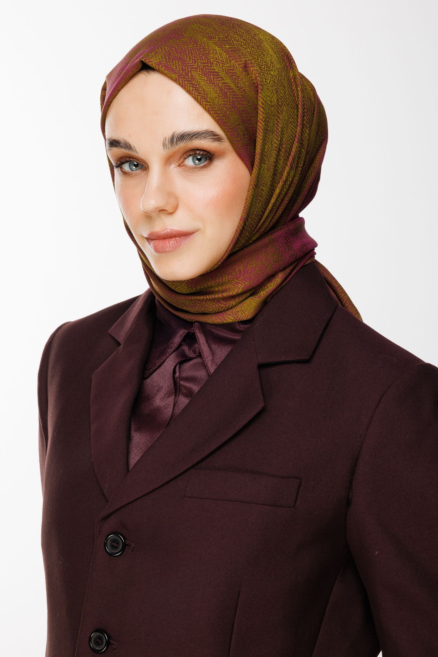 Oil Green-Plum Sahra Pattern Double-Sided Shawl