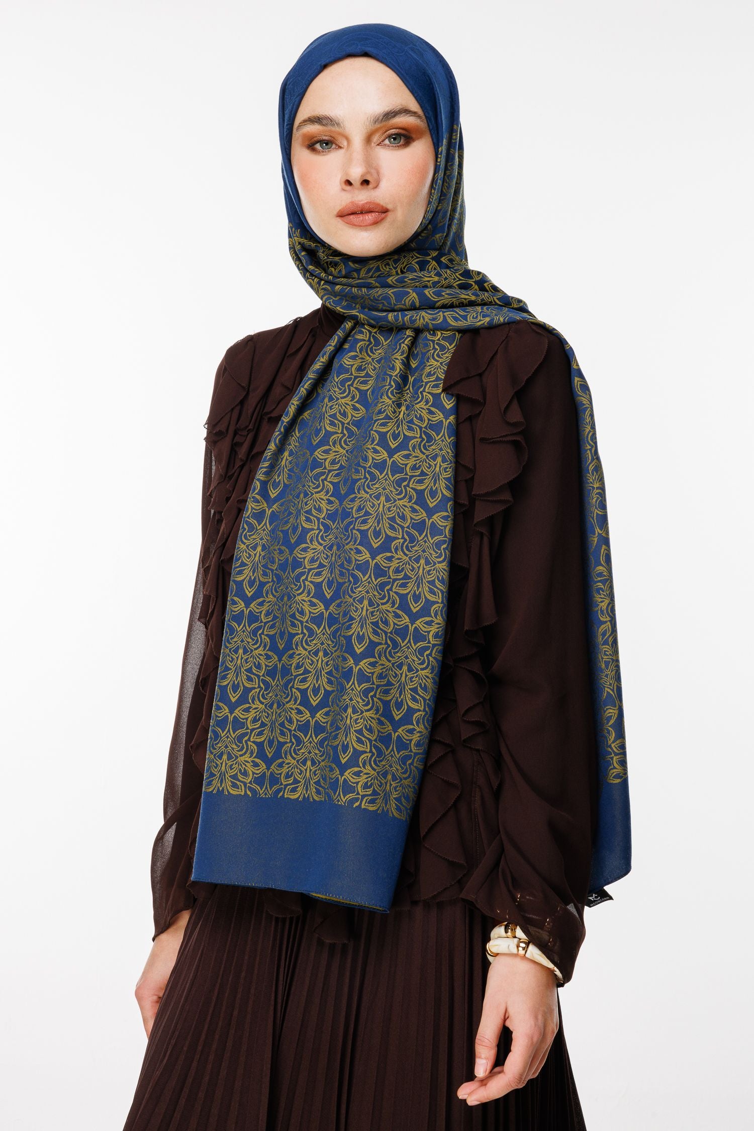 Navy Blue-Oil Green Nora Pattern Double-Sided Shawl