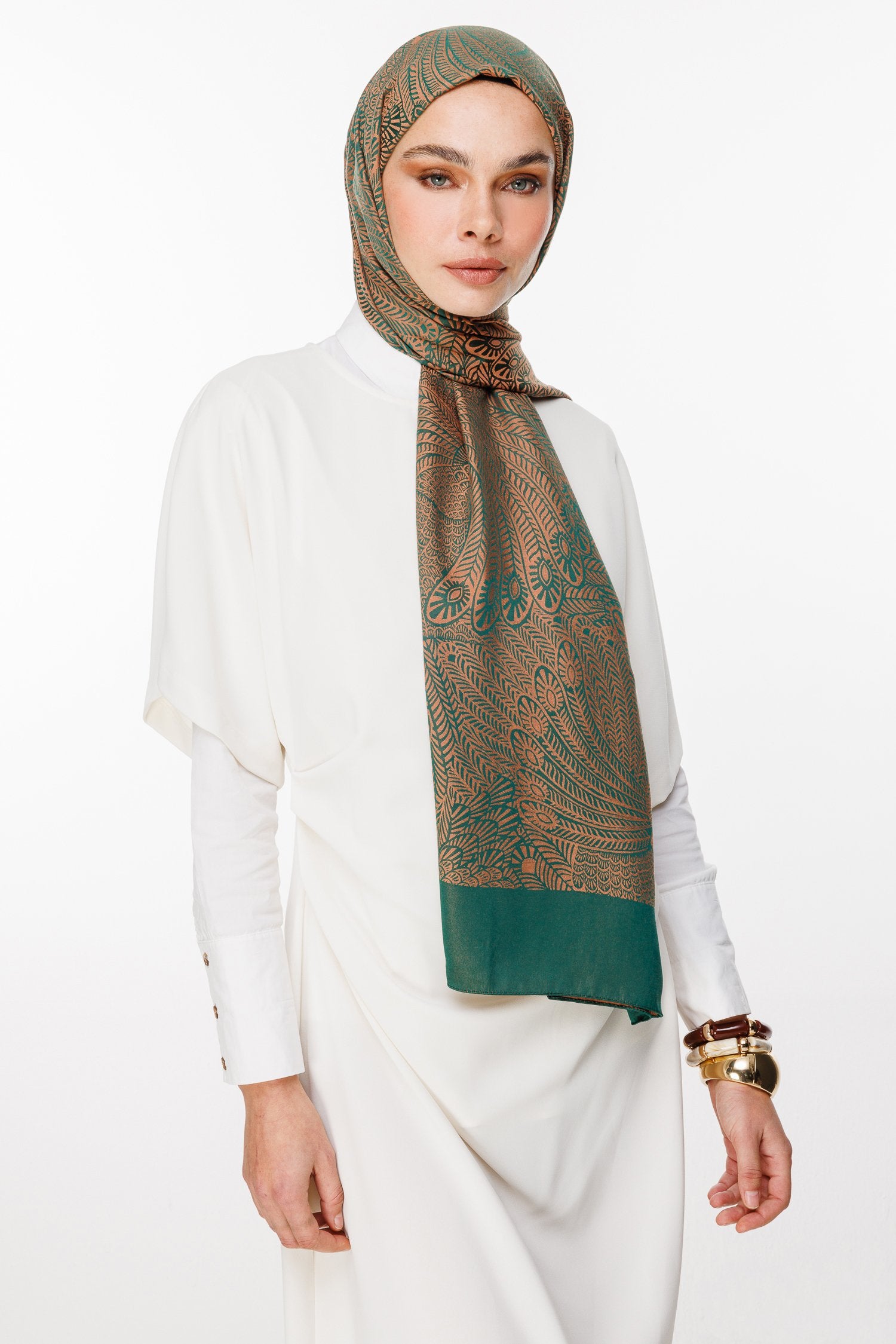 Emerald-Apricot Mayra Pattern Double-Sided Shawl