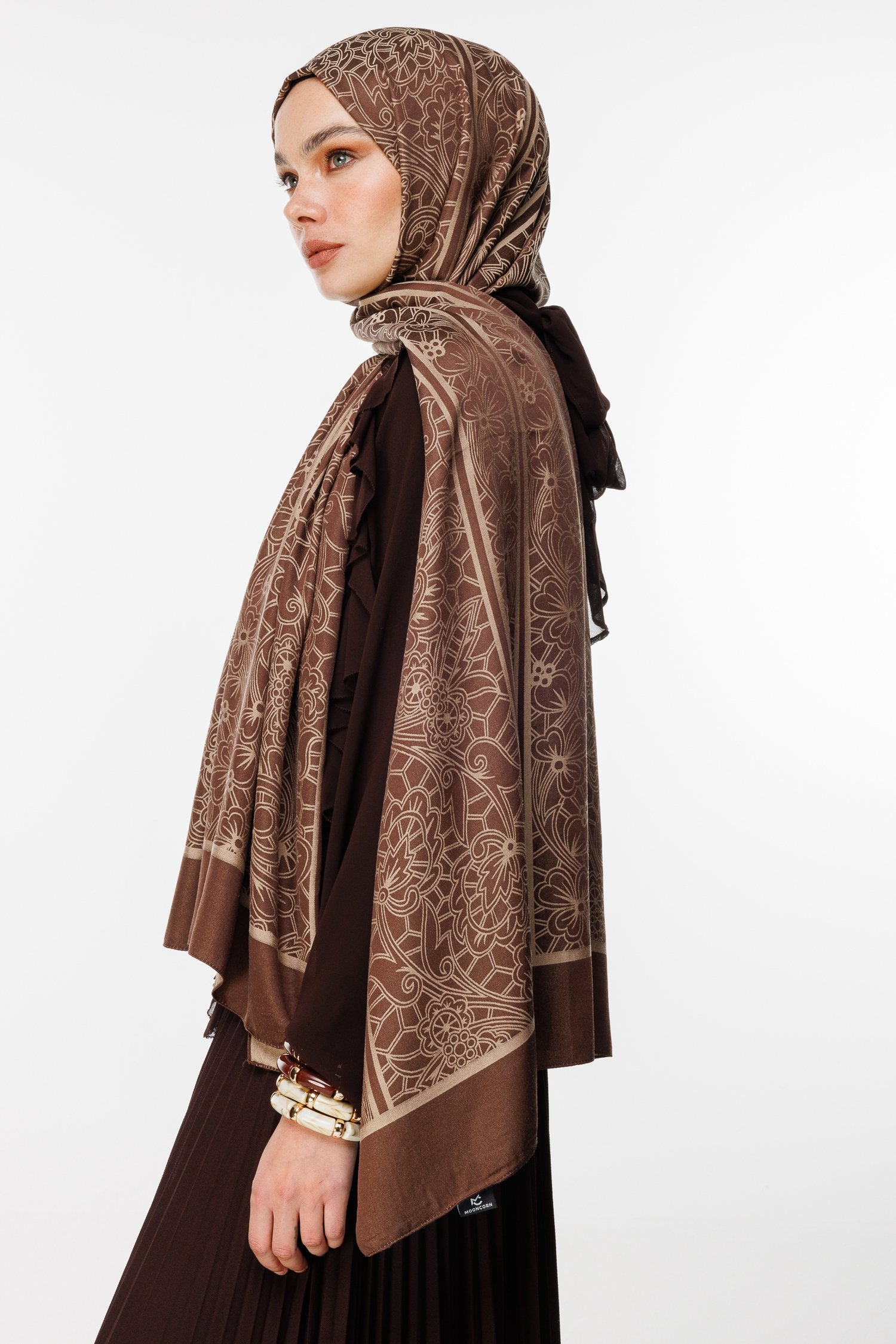 Bitter Brown-Beige Lavin Pattern Double-Sided Shawl