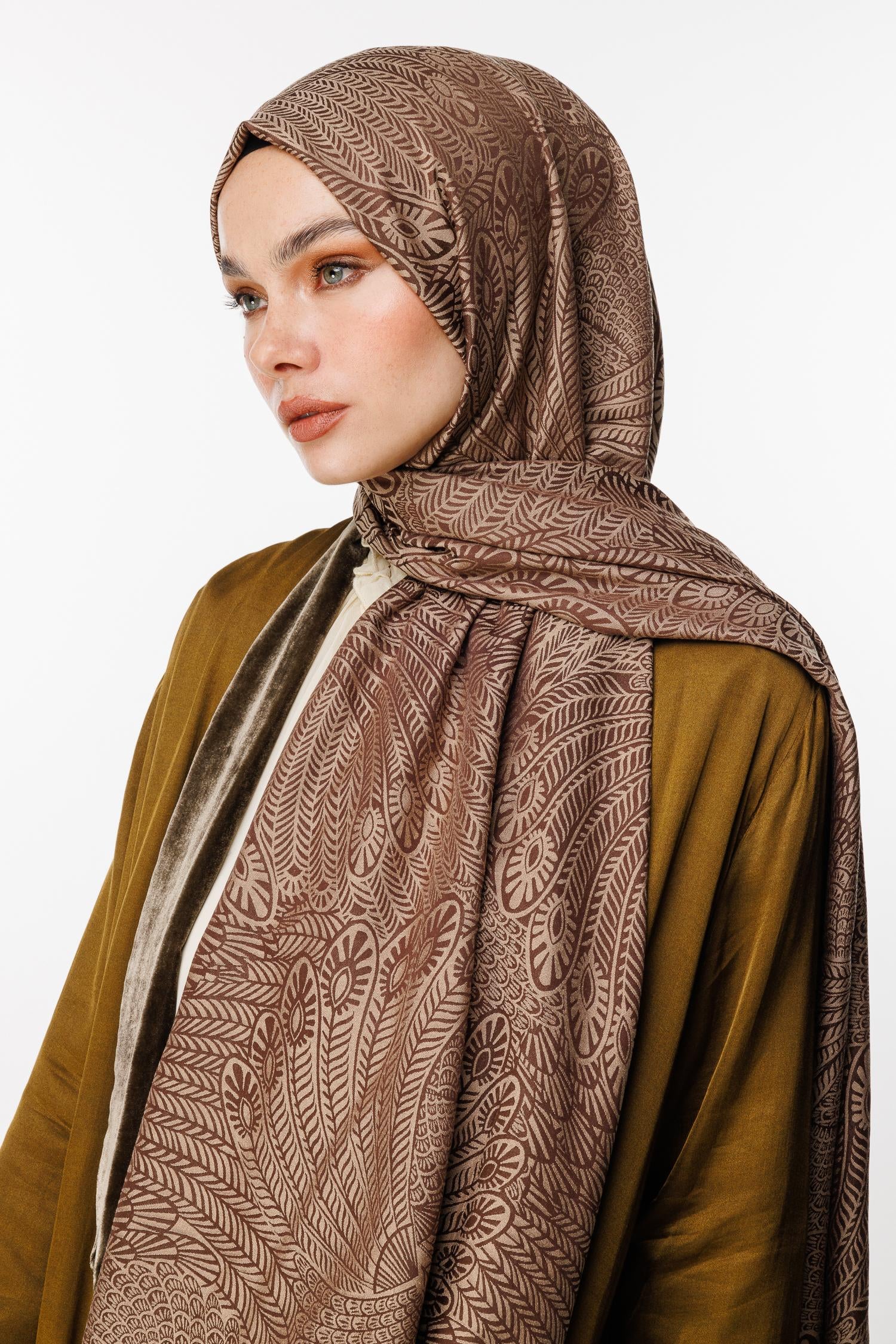 Bitter Brown-Beige Mayra Pattern Double-Sided Shawl