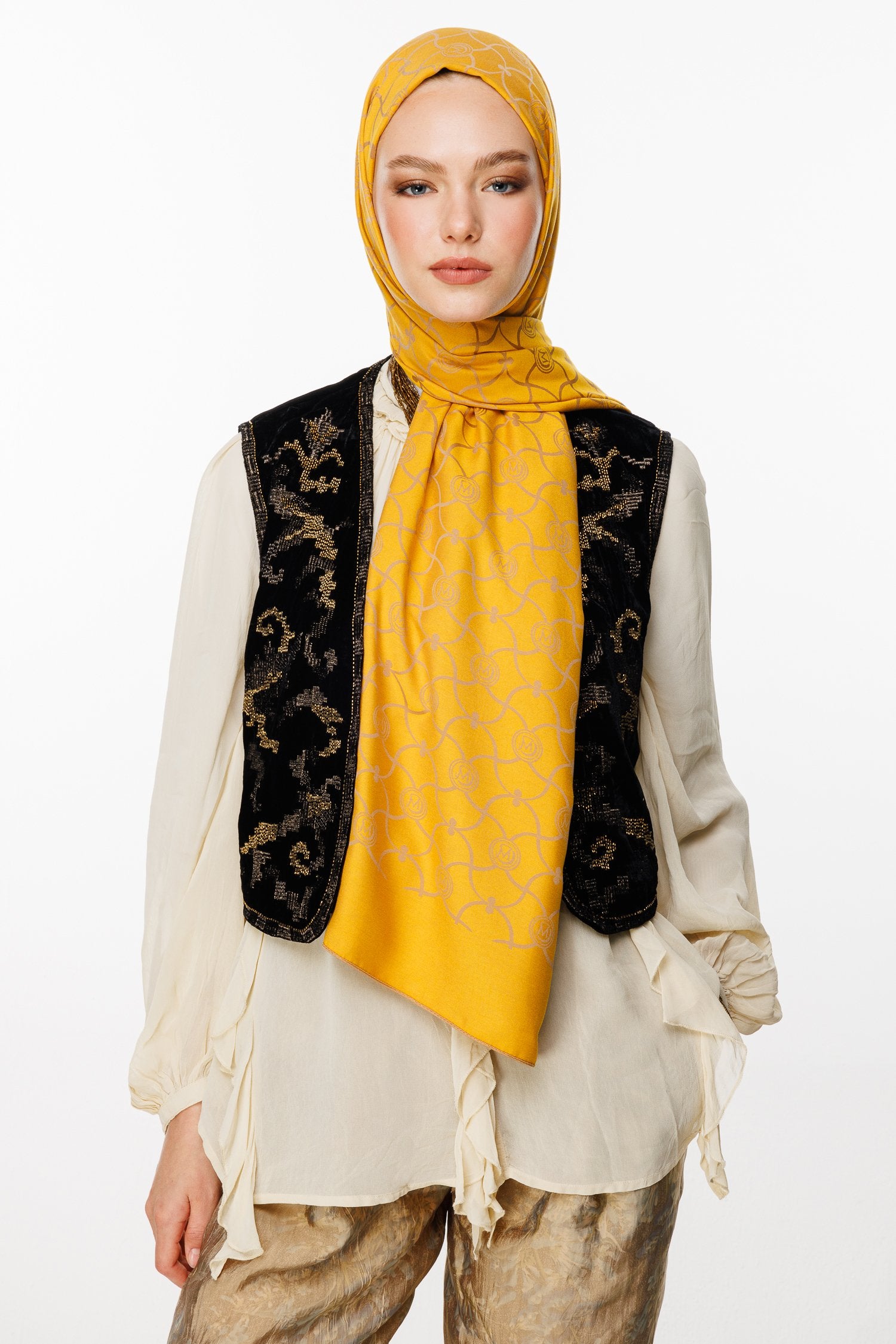Mink-Mustard Marrakech Pattern Double-Sided Shawl