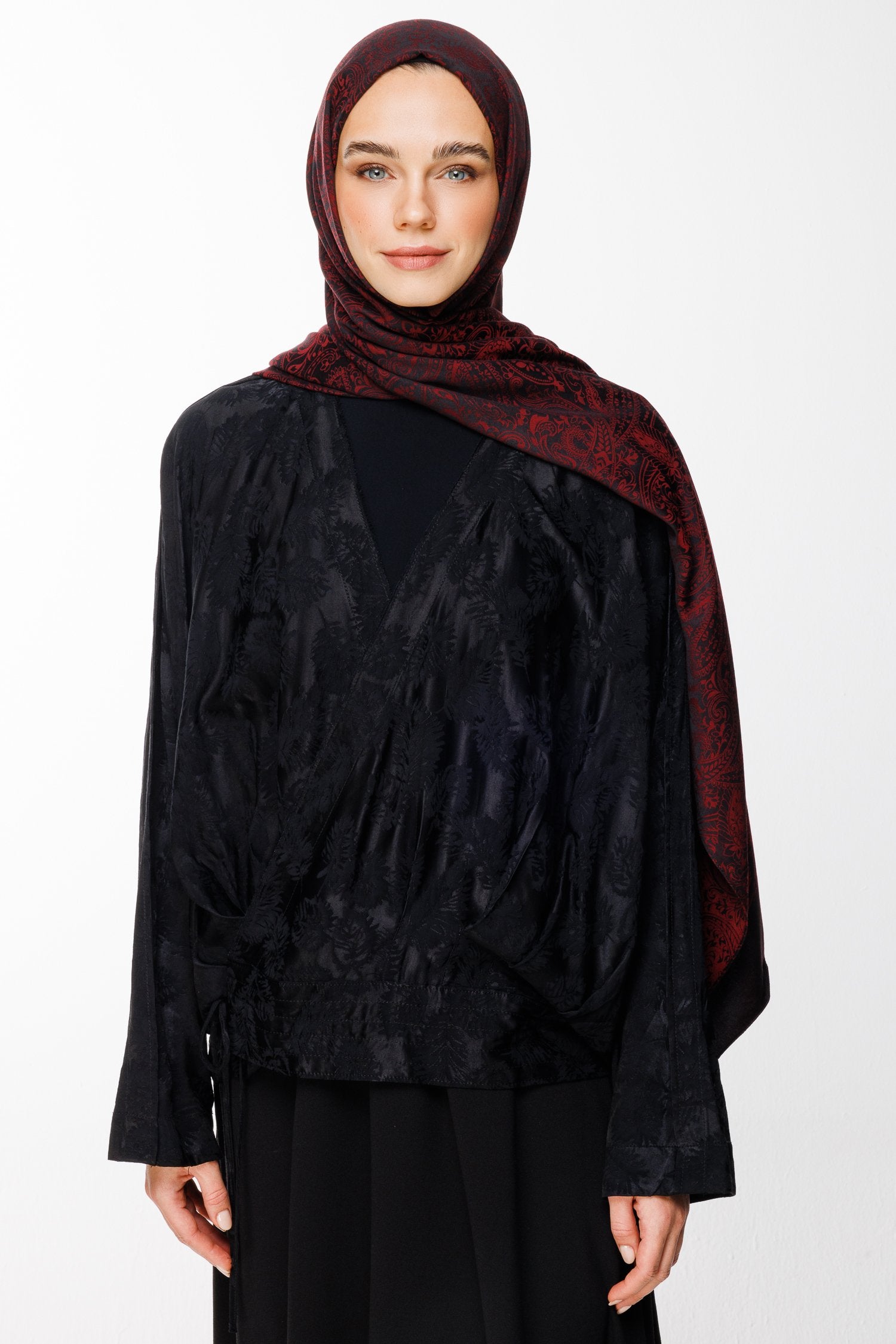 Black-Burgundy Velora Pattern Double-Sided Shawl