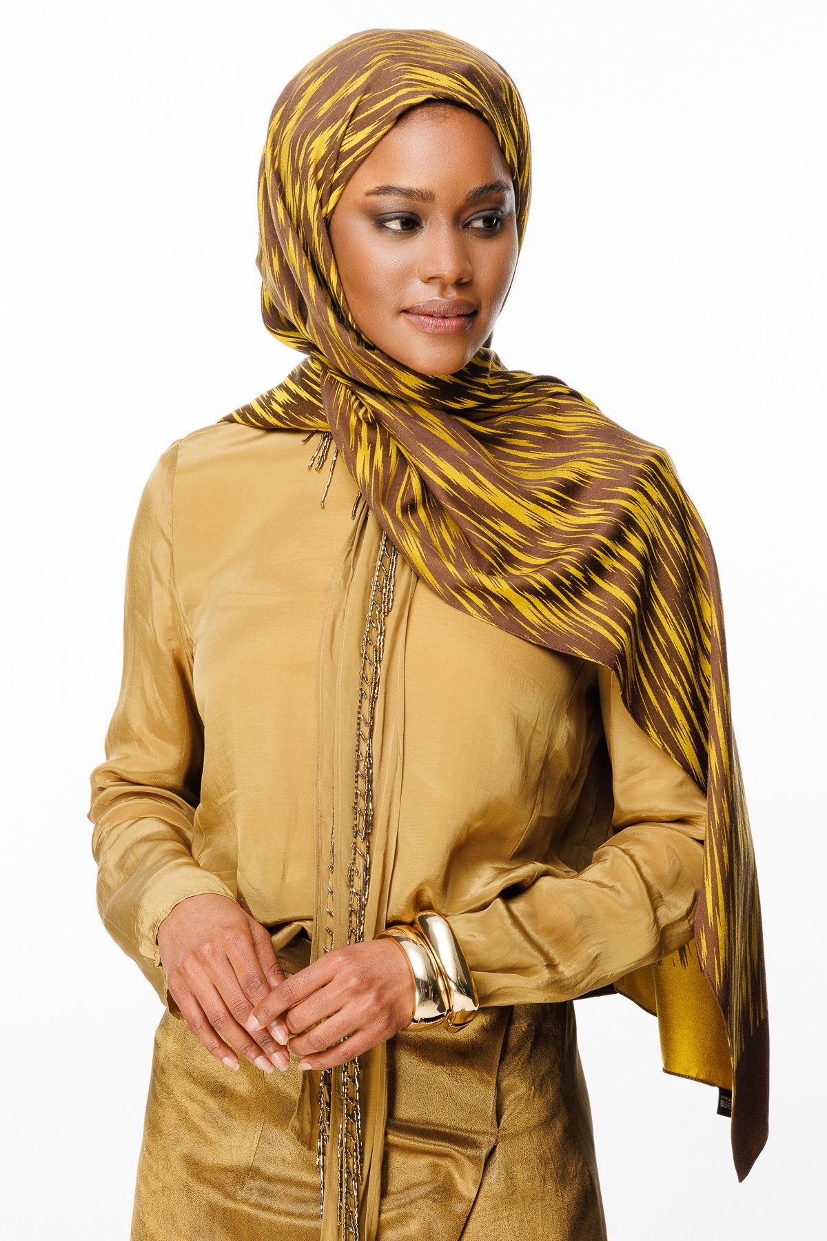 Bitter Brown-Mustard Selis Pattern Double-Sided Shawl