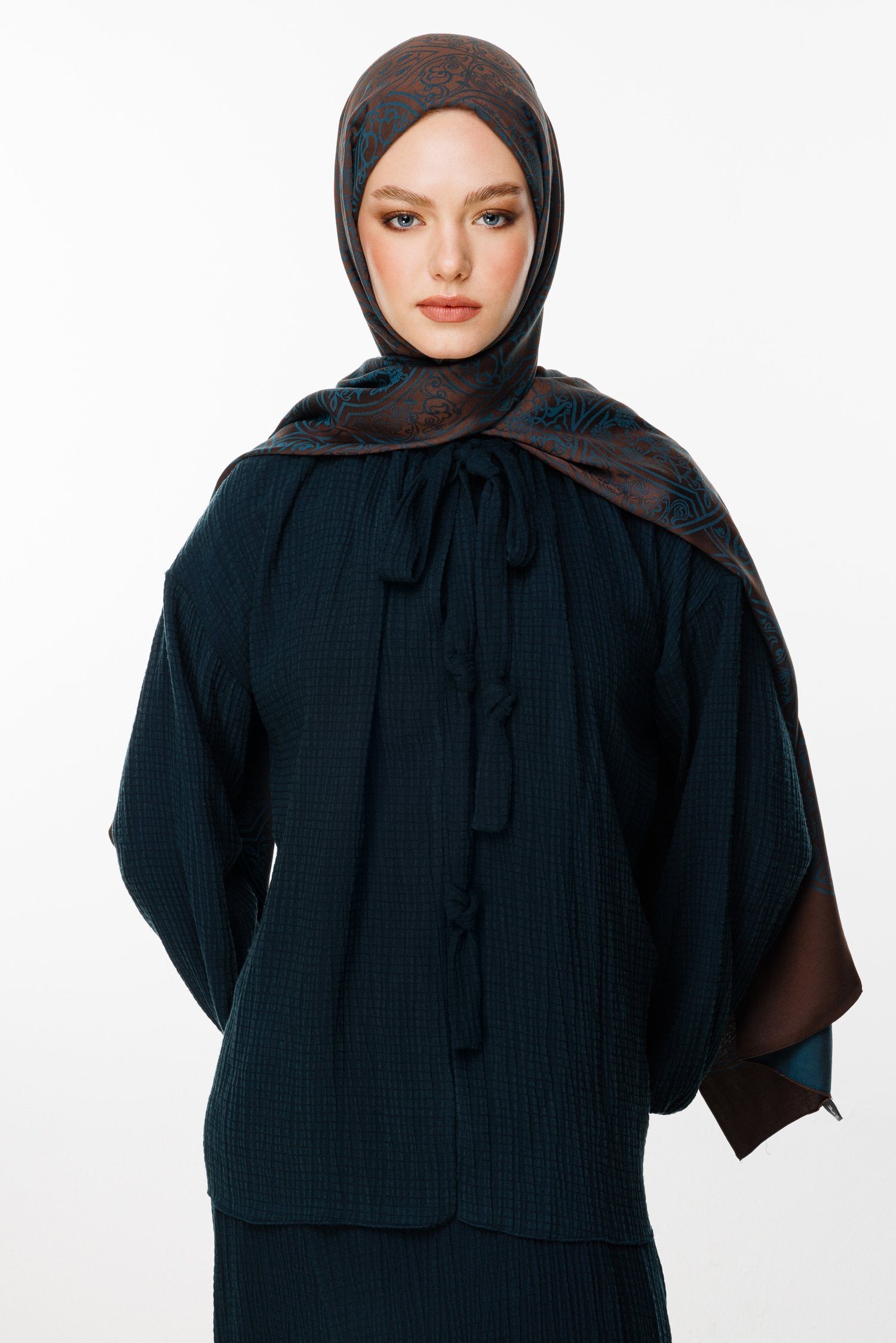 Bitter Brown-Petrol Blue Morocco Pattern Double-Sided Shawl