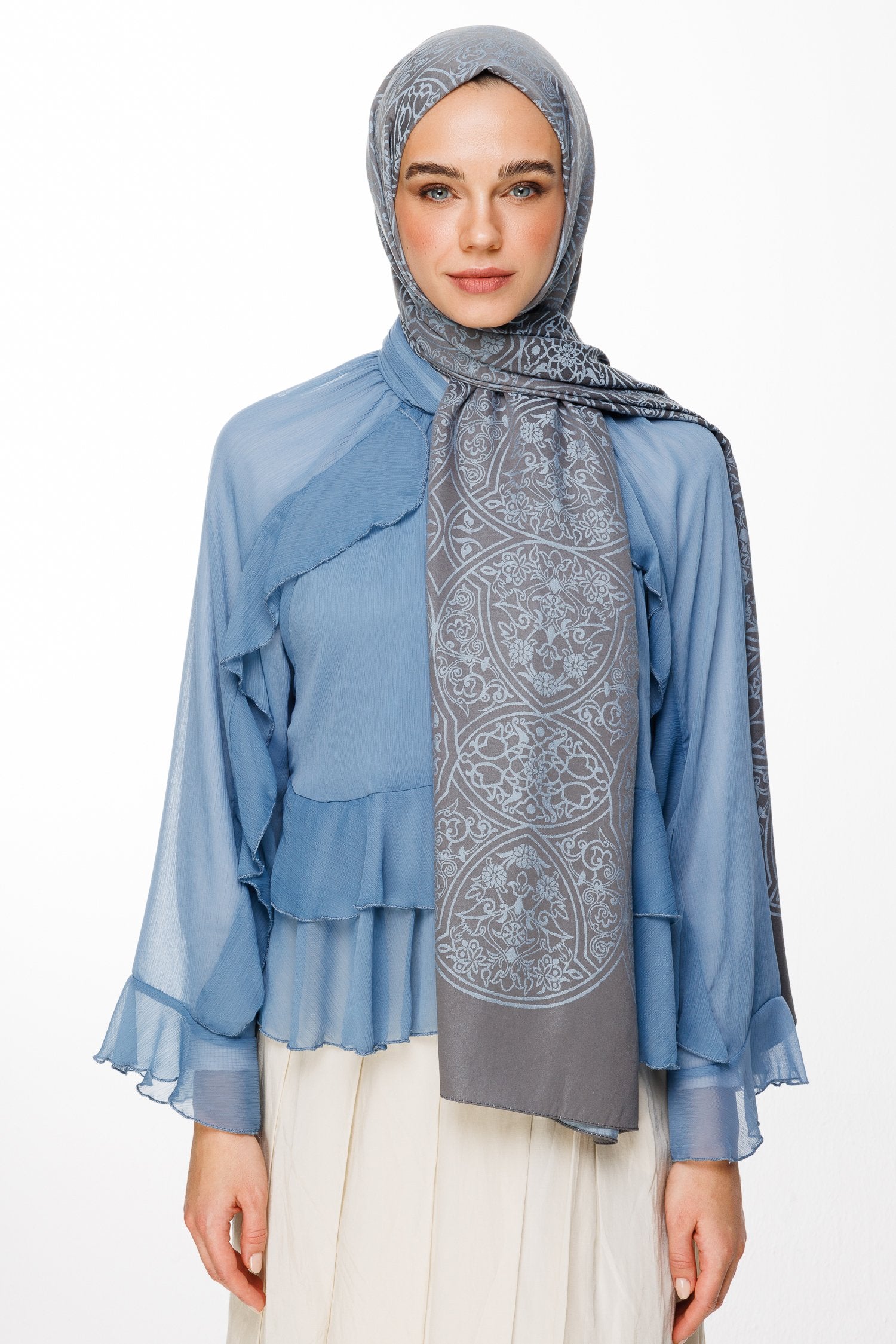 Dark Gray-Light Blue Morocco Pattern Double-Sided Shawl