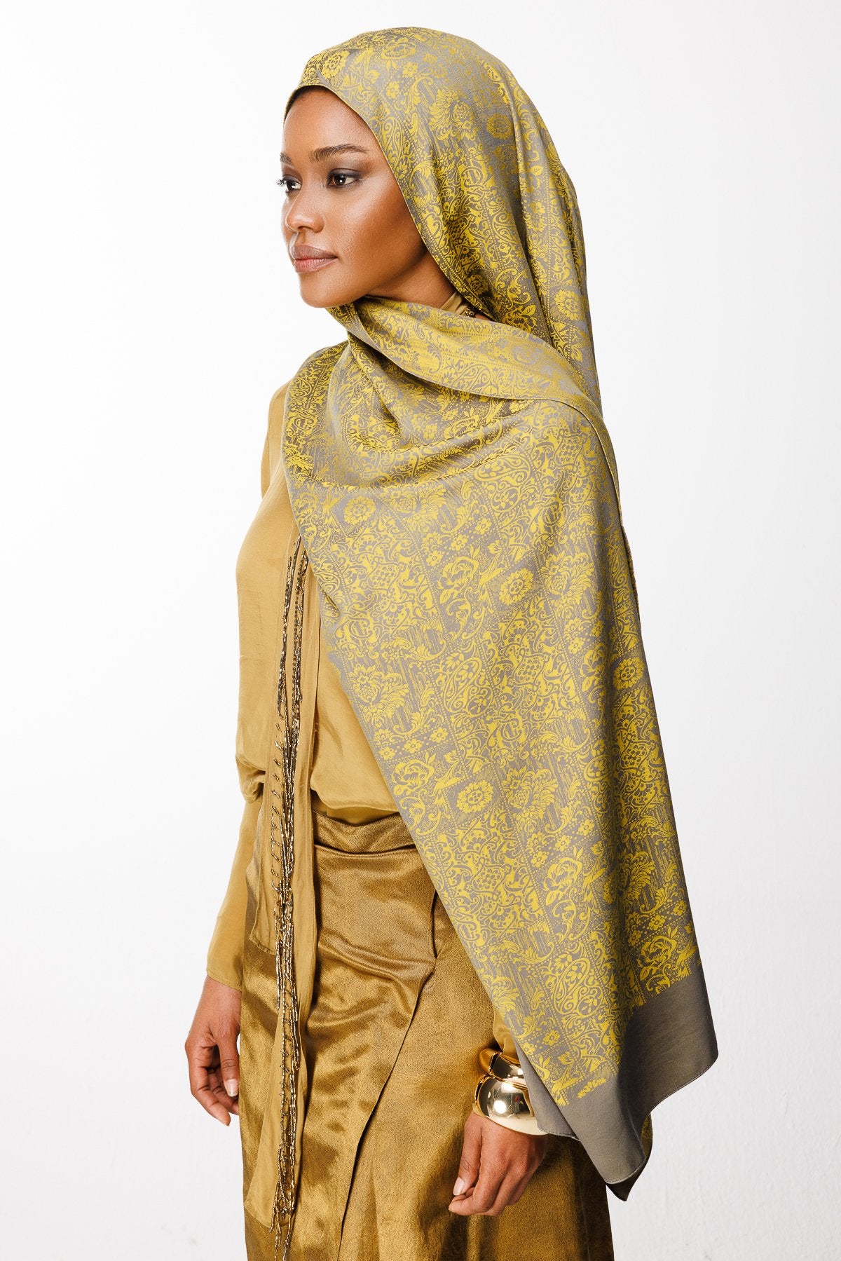 Dark Gray-Mustard Henna Pattern Double-Sided Shawl