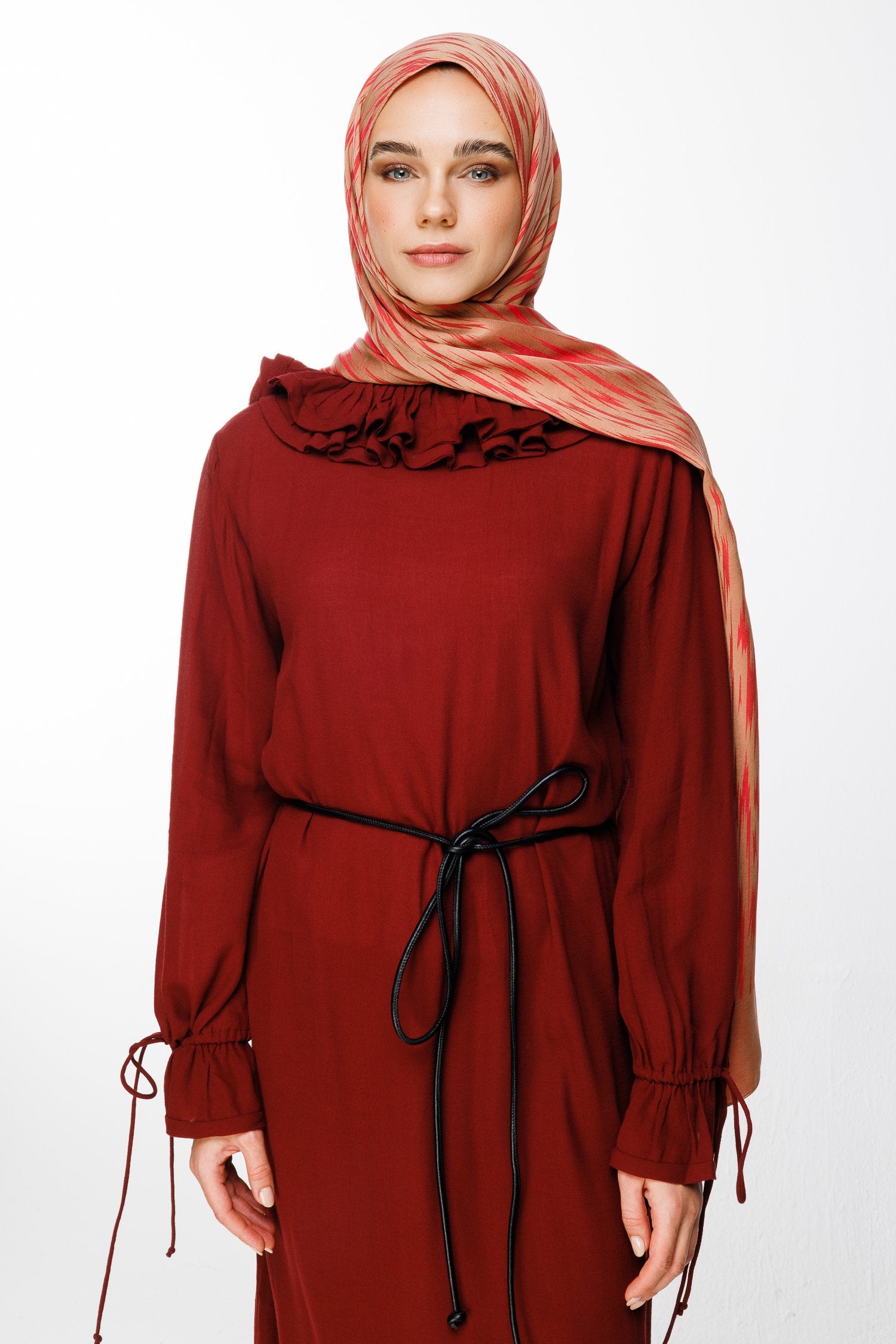 Mink-Red Selis Pattern Double-Sided Shawl