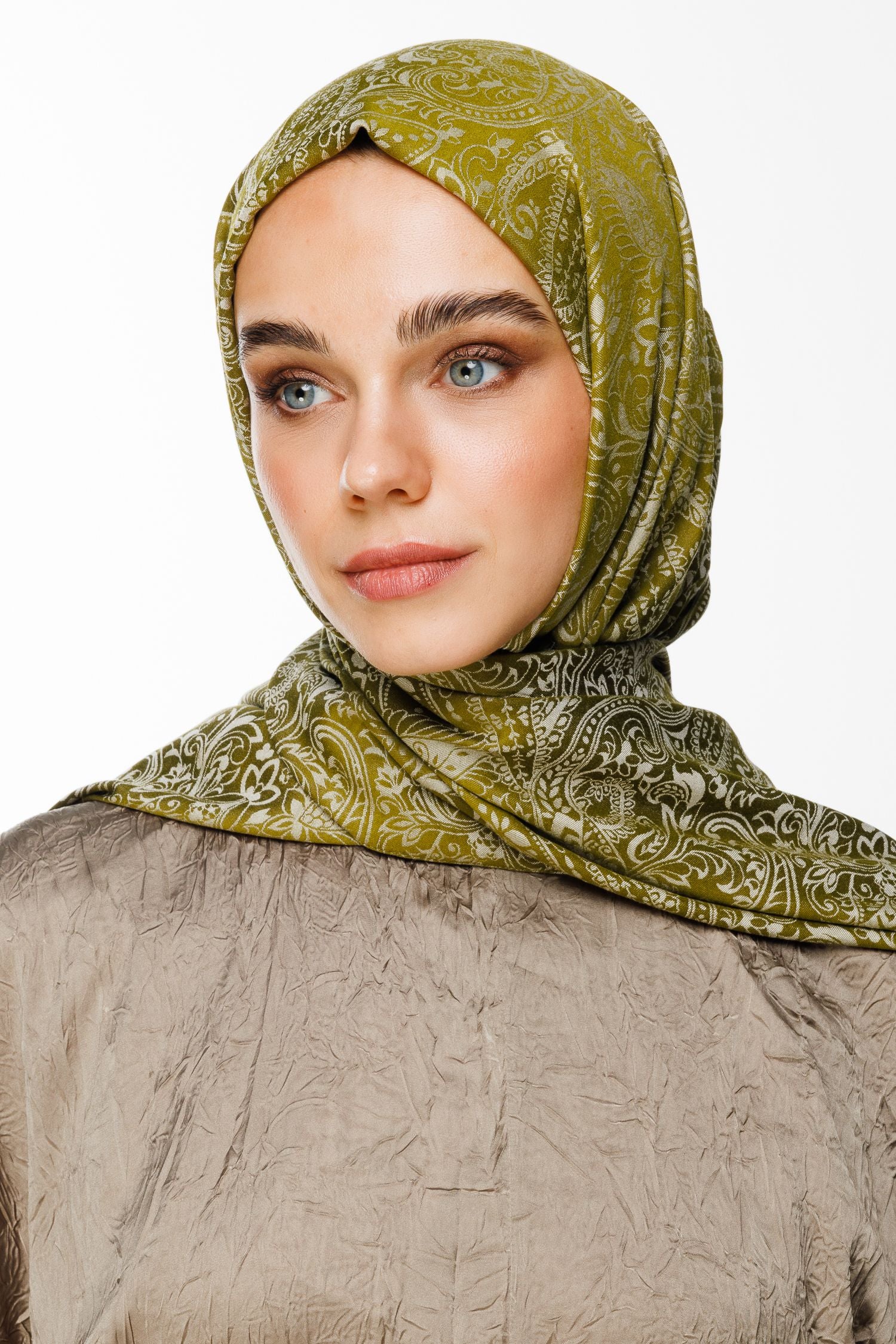 Oil Green-Ecru Velora Pattern Double-Sided Shawl