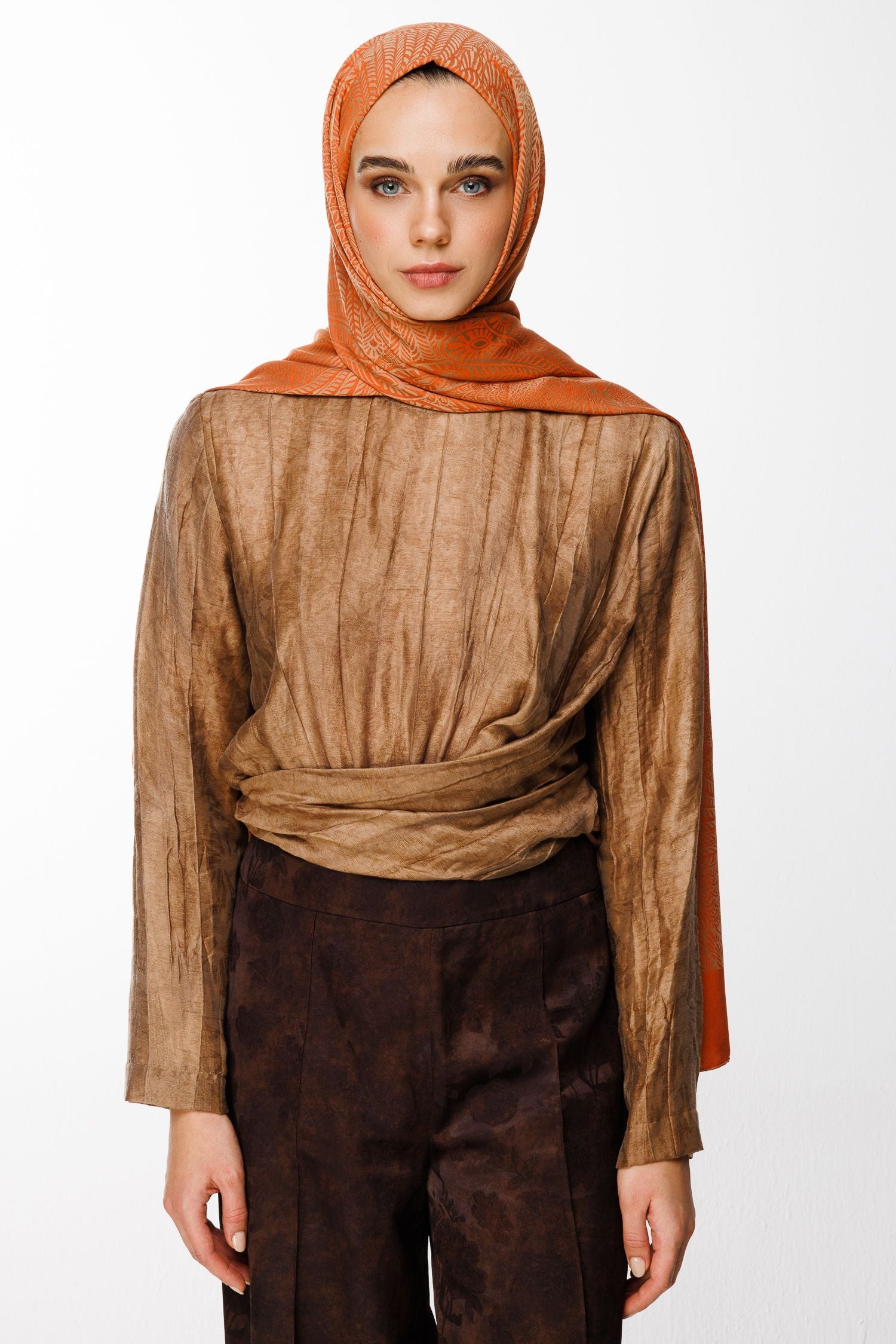 Cinnamon-Beige Mayra Pattern Double-Sided Shawl