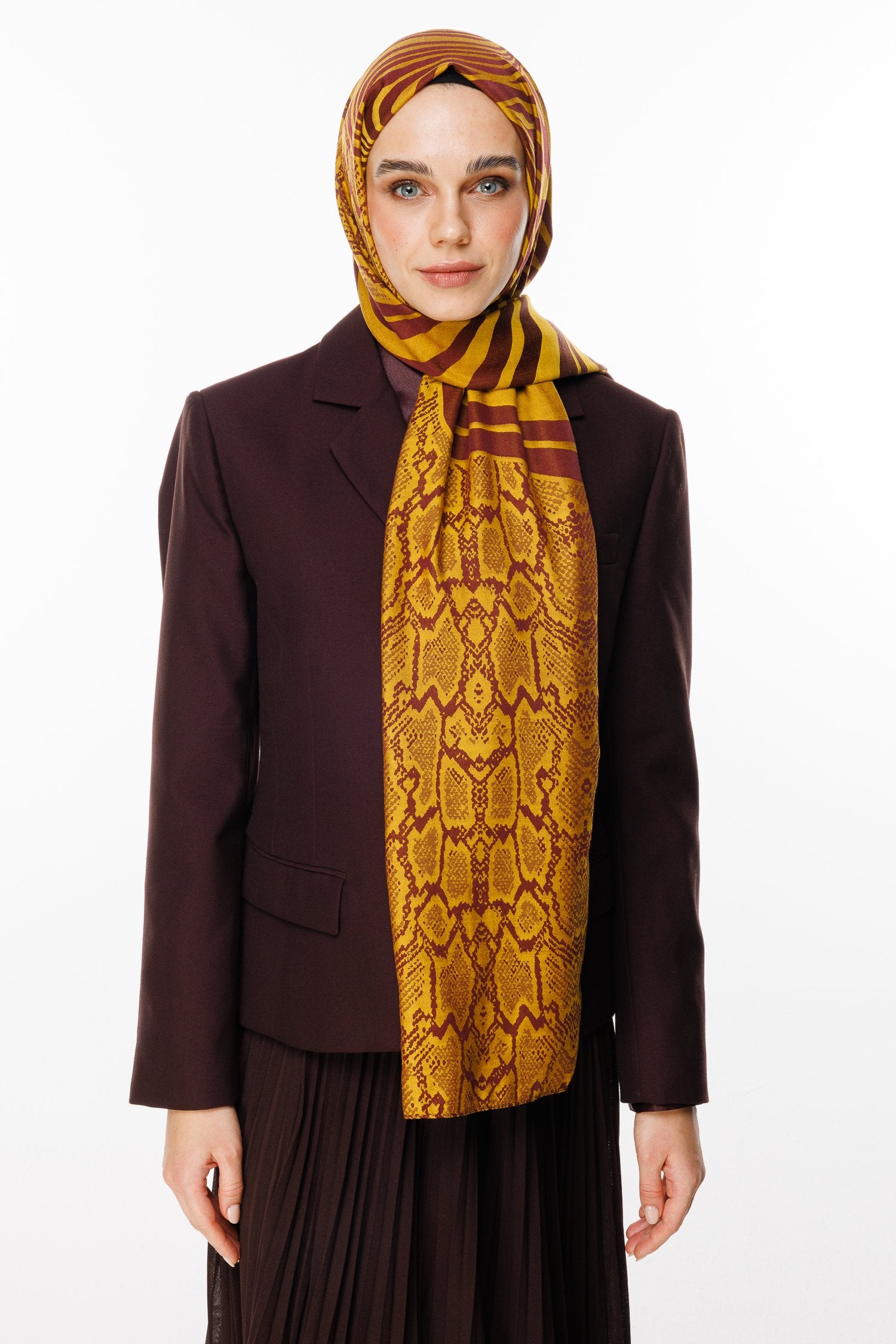 Plum-Yellow Riad Pattern Double-Sided Shawl