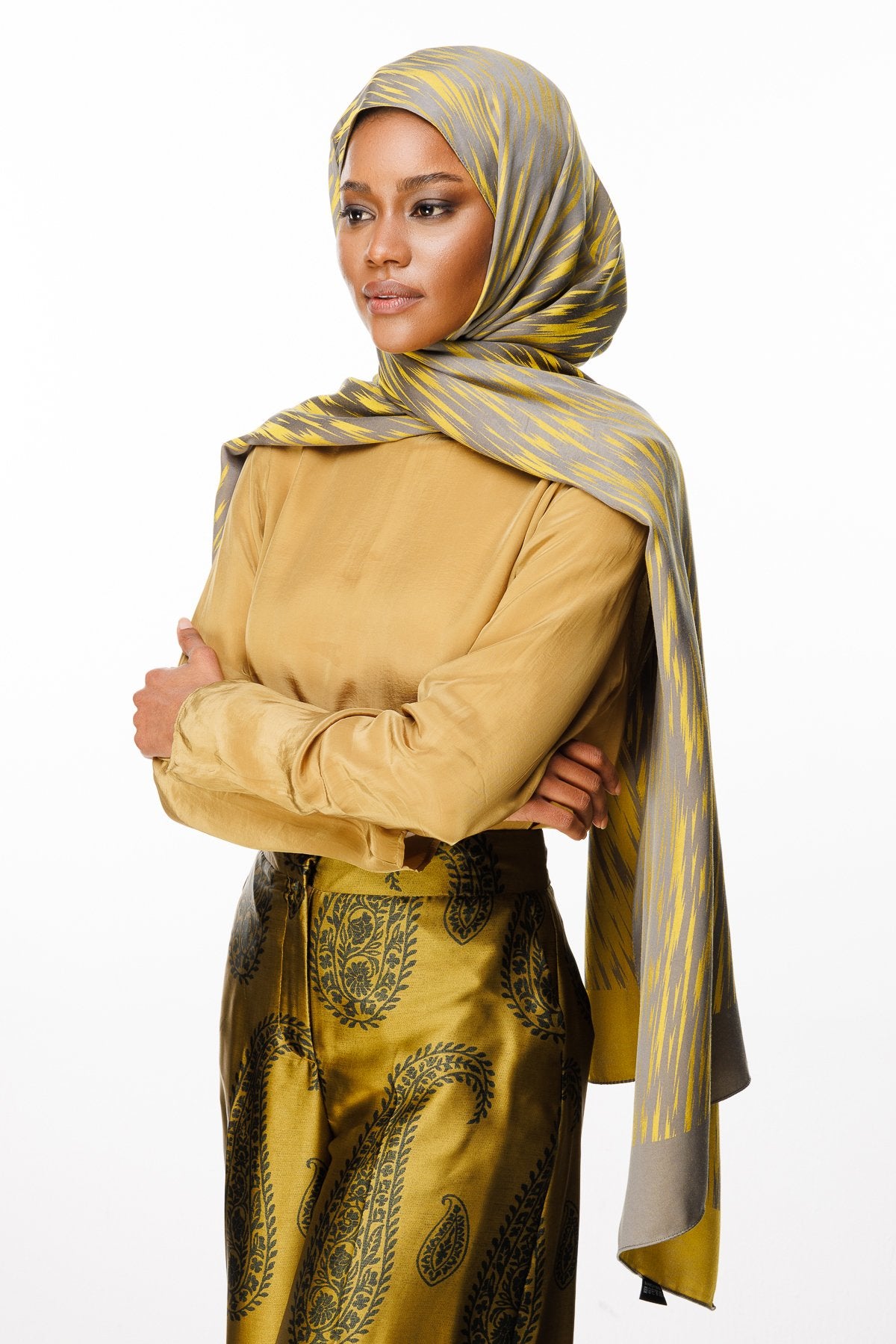 Dark Gray-Mustard Selis Pattern Double-Sided Shawl