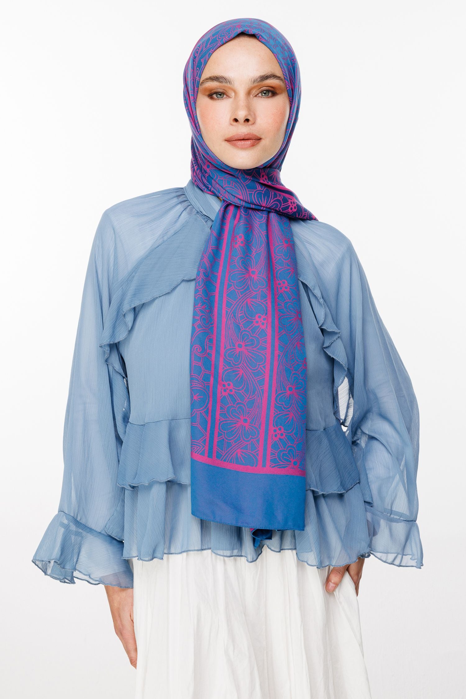 Petrol Blue-Fuchsia Lavin Pattern Double-Sided Shawl